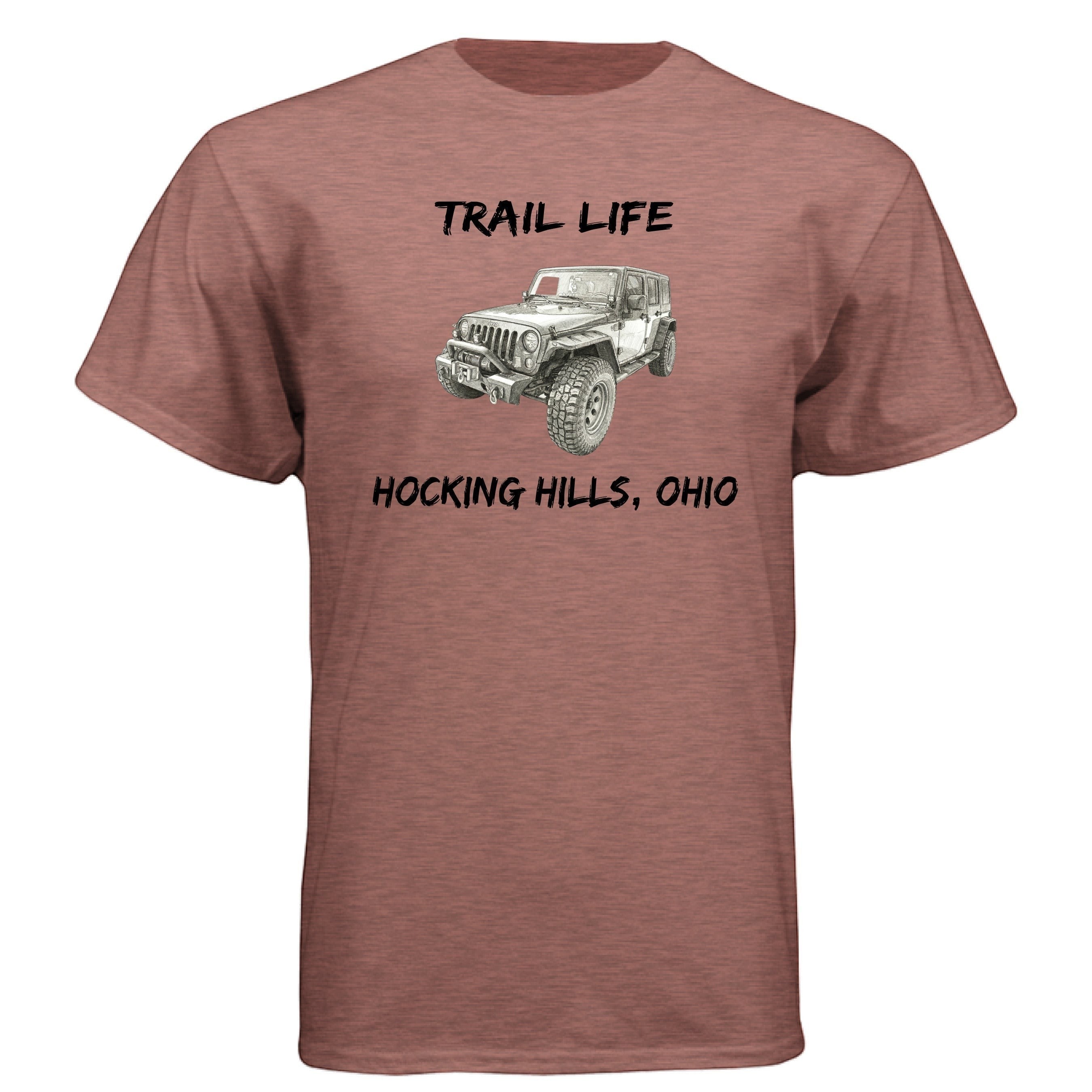 The Hocking Hills Store Trail Life Jeep T-Shirt in heathered rose. Cotton-poly blend, crew neck, short sleeves.