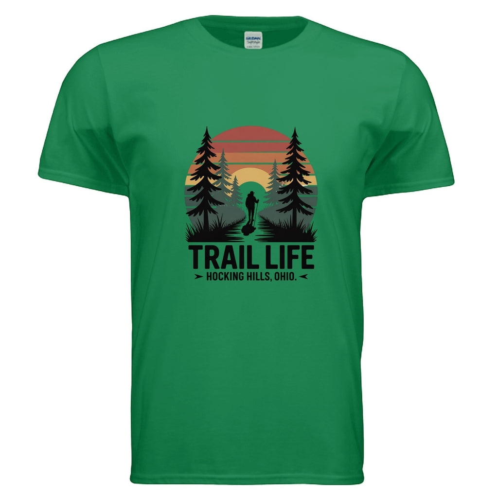 The Hocking Hills Store green cotton t-shirt with a sunset graphic and hiker on a trail. Features "TRAIL LIFE" and "HOCKING HILLS, OHIO."