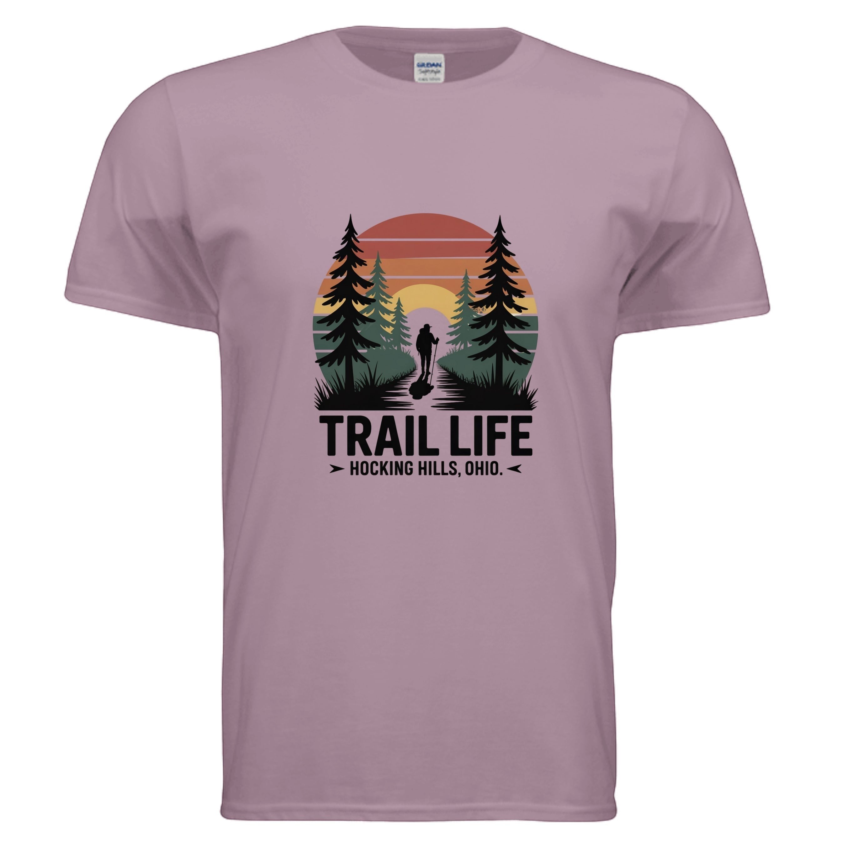 The Hocking Hills Store Trail Life t-shirt in mauve, featuring a sunset graphic with trees and a hiker.