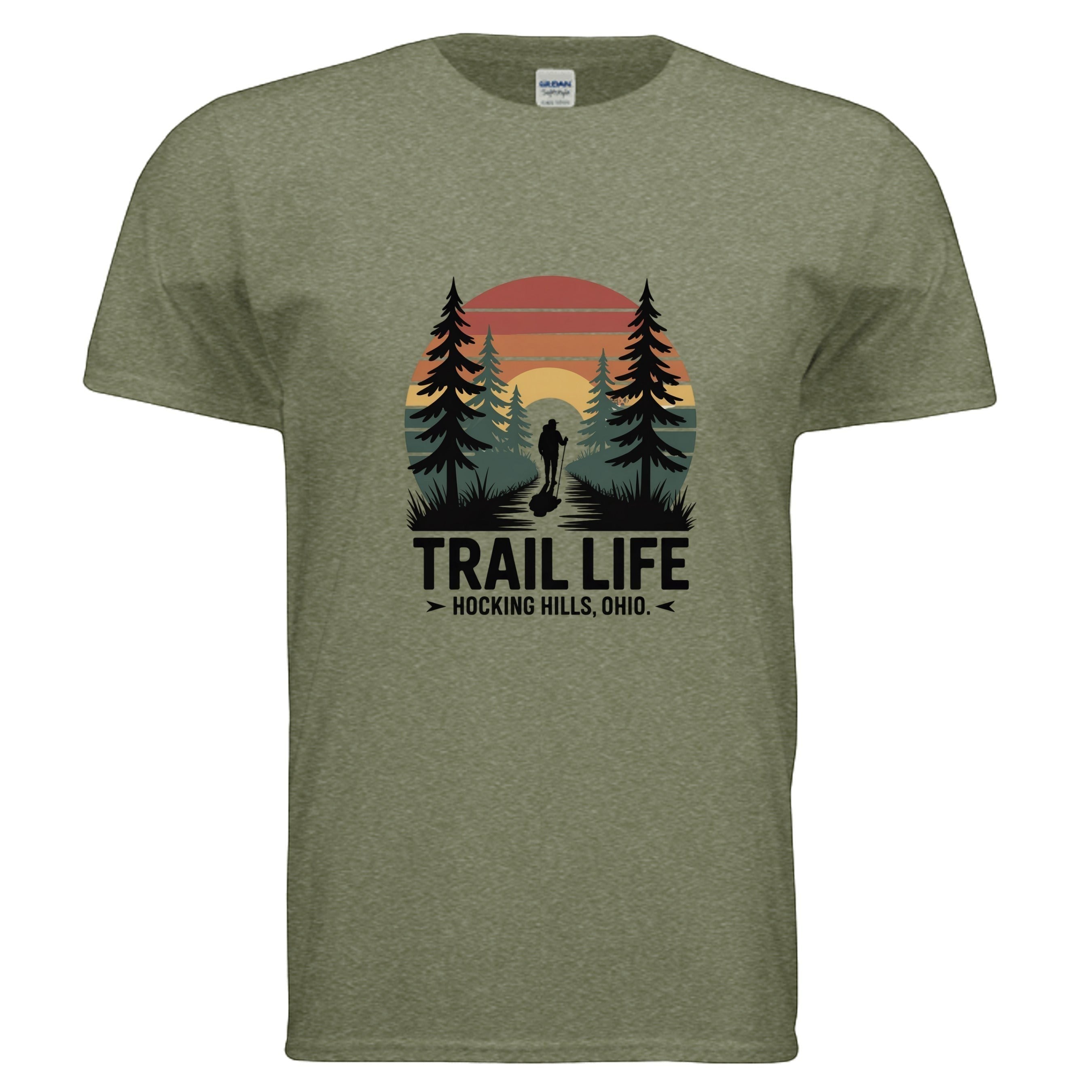The Hocking Hills Store olive green t-shirt with "Trail Life Hocking Hills, Ohio" graphic featuring a hiker and pine trees at sunset.