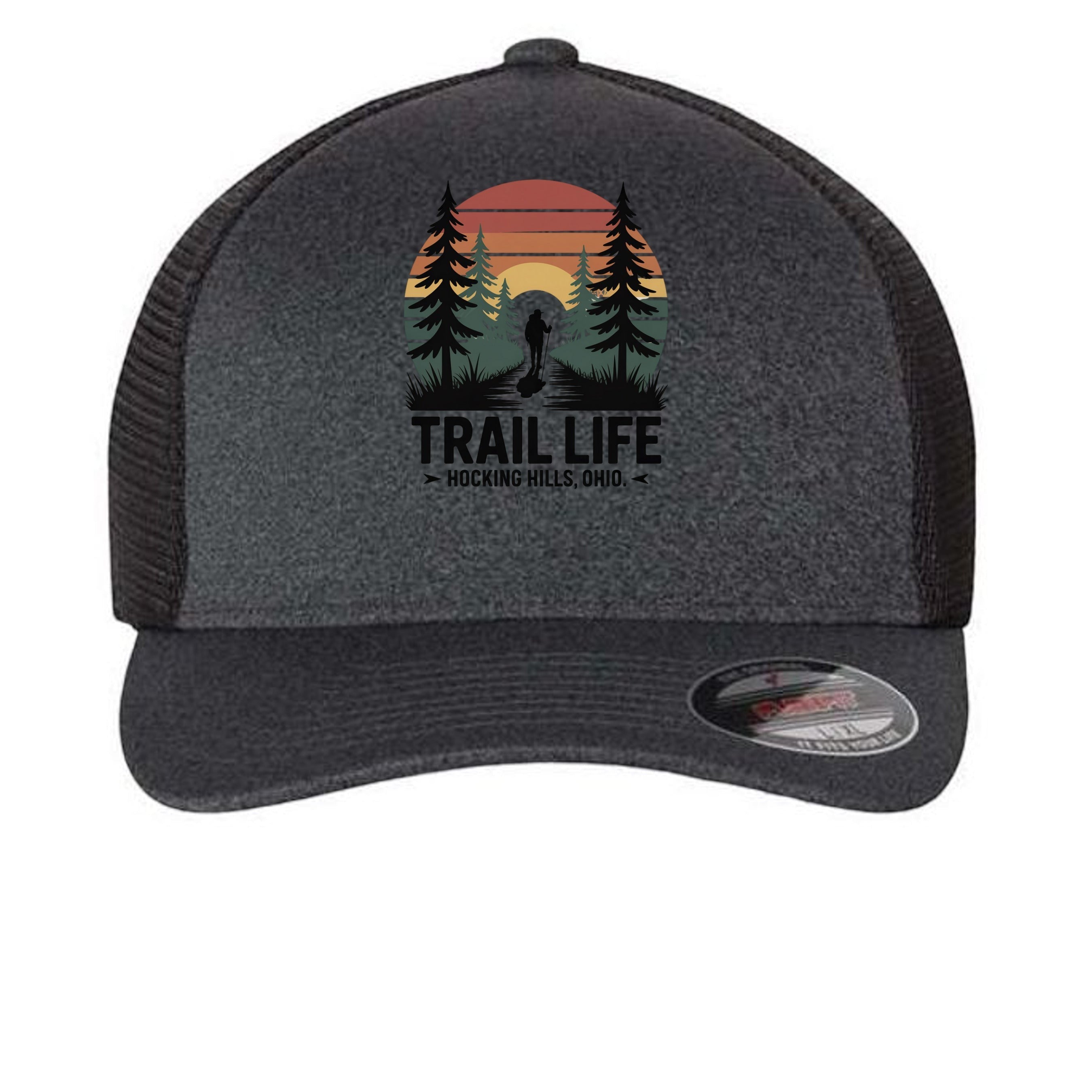 The Hocking Hills Store dark grey trucker hat with "Trail Life" graphic and sunset scene.