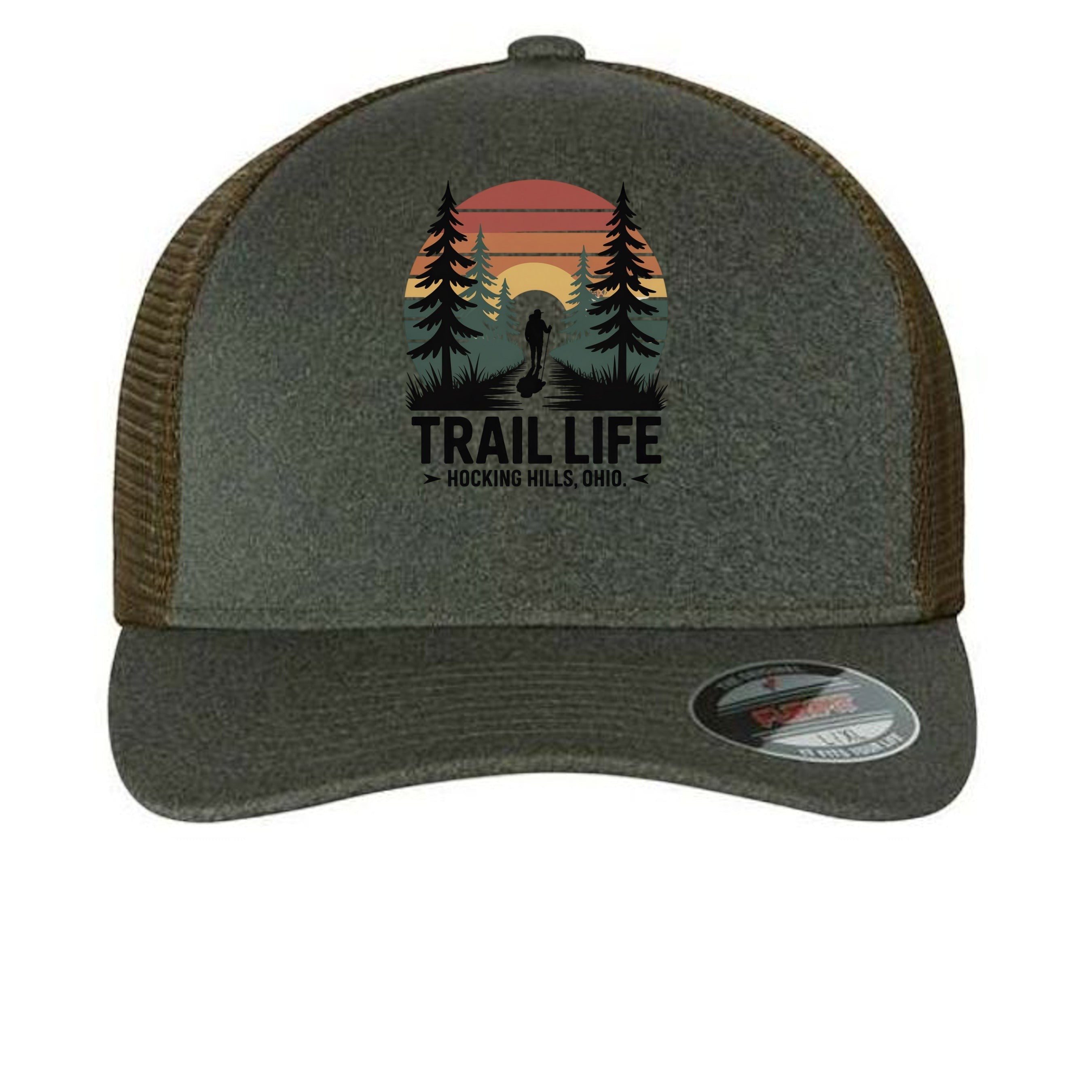 The Hocking Hills Store fitted trucker hat with a Trail Life graphic featuring a hiker at sunset in a forest.