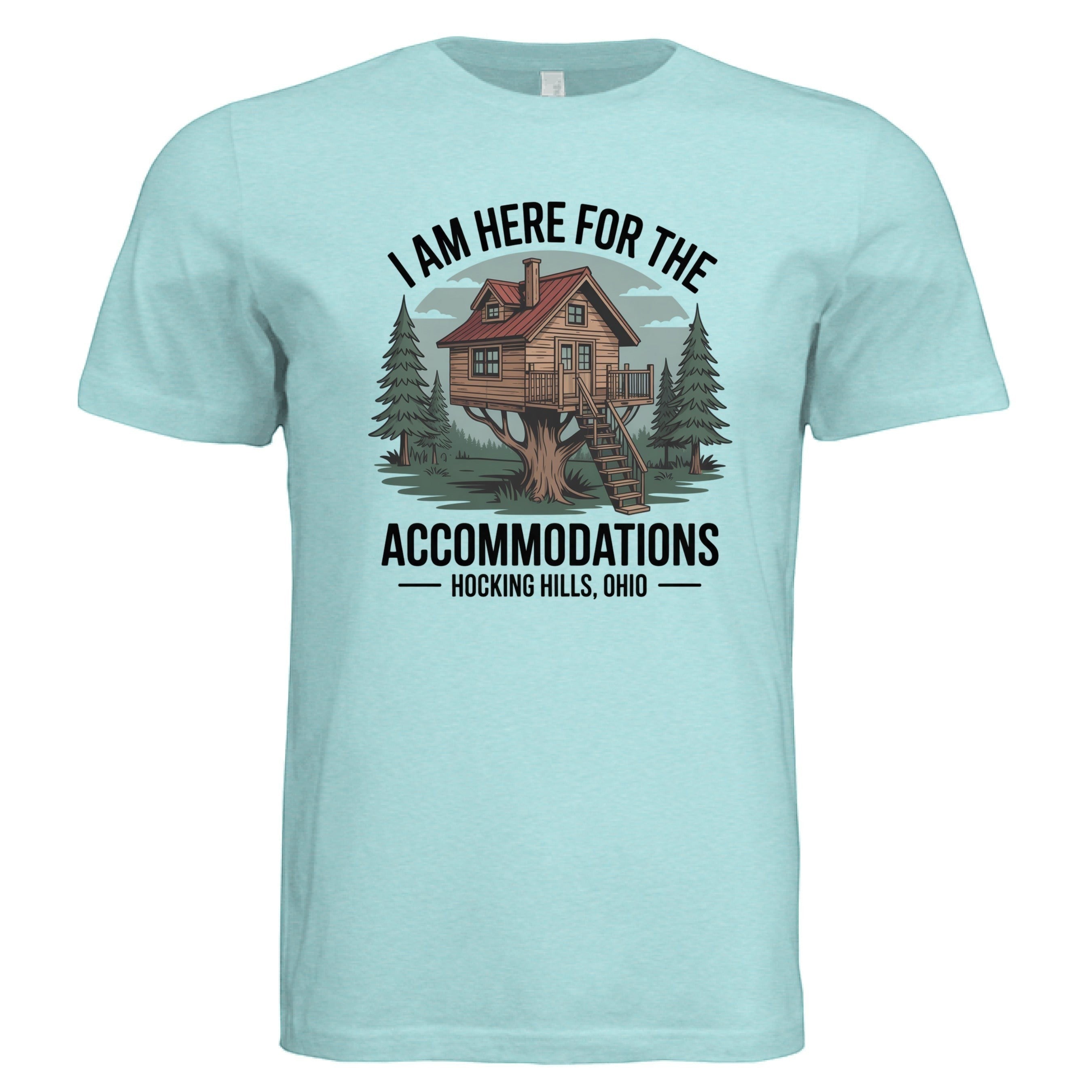 The Hocking Hills Store unisex triblend t-shirt with a graphic of a treehouse and text 'I Am Here for the Accommodations Hocking Hills, Ohio'.