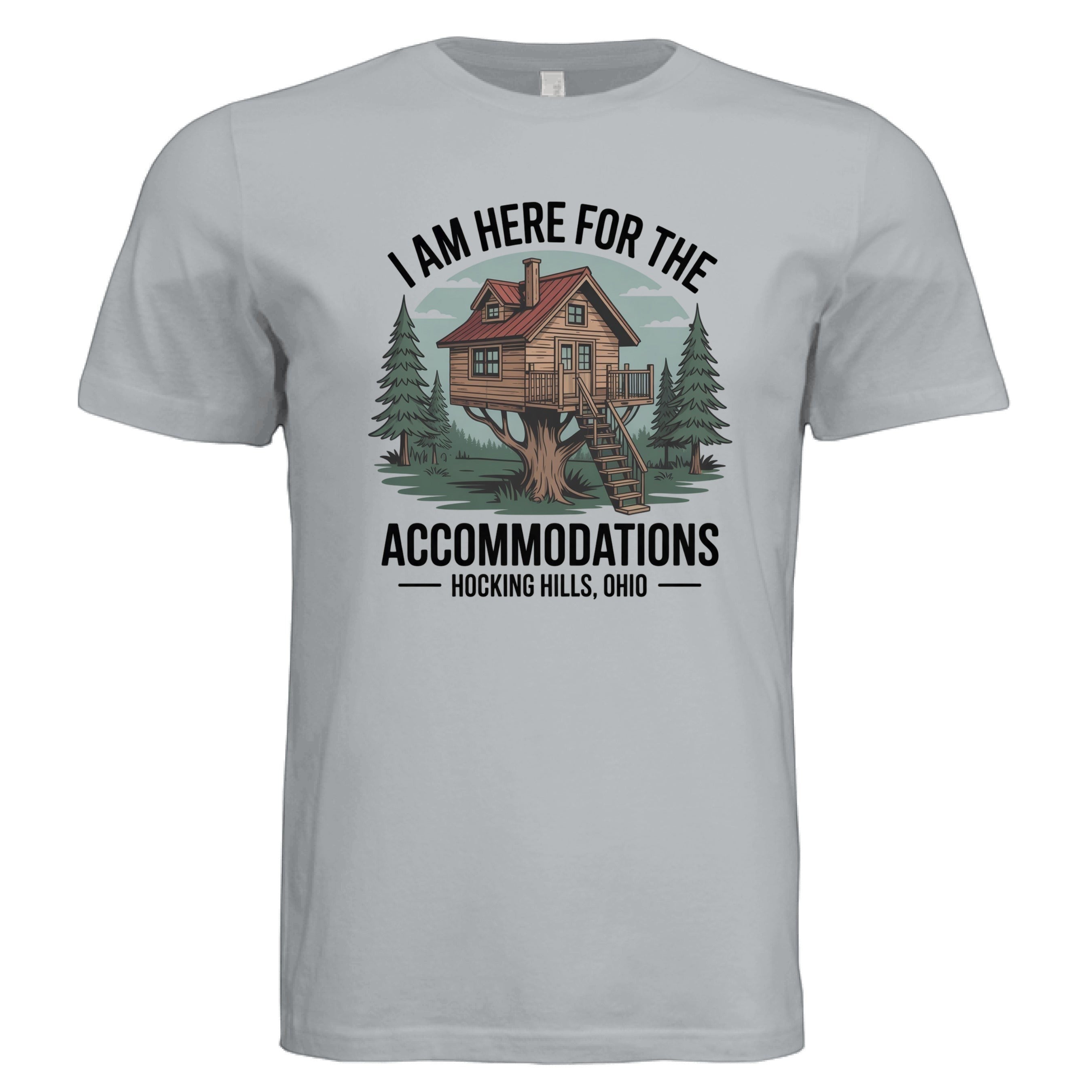 The Hocking Hills Store unisex triblend t-shirt with a graphic of a treehouse and text 'I Am Here for the Accommodations Hocking Hills, Ohio'.