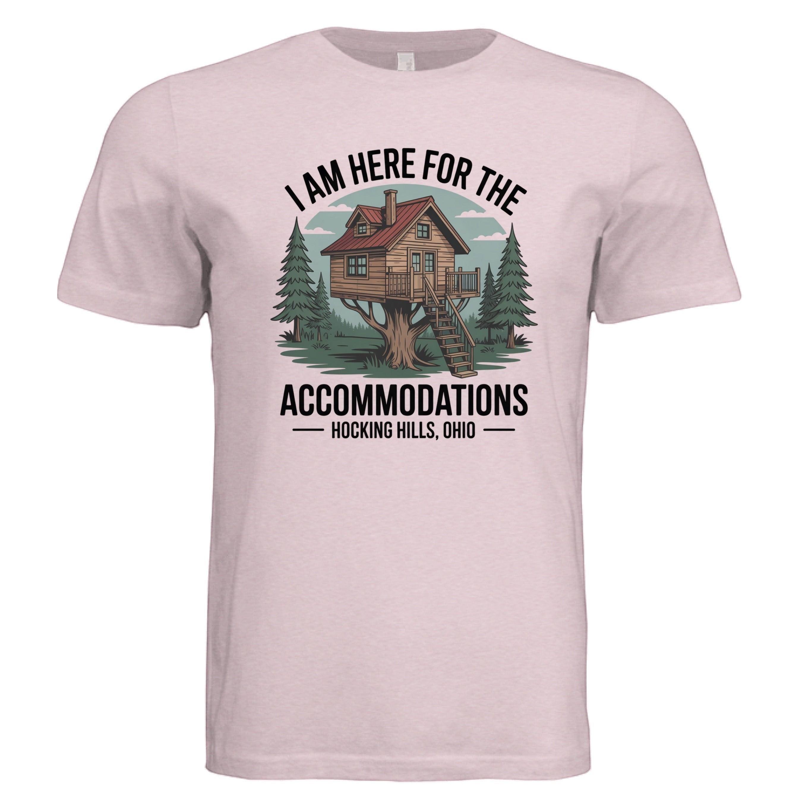 The Hocking Hills Store unisex triblend t-shirt with a graphic of a treehouse and text "I Am Here for the Accommodations Hocking Hills, Ohio".