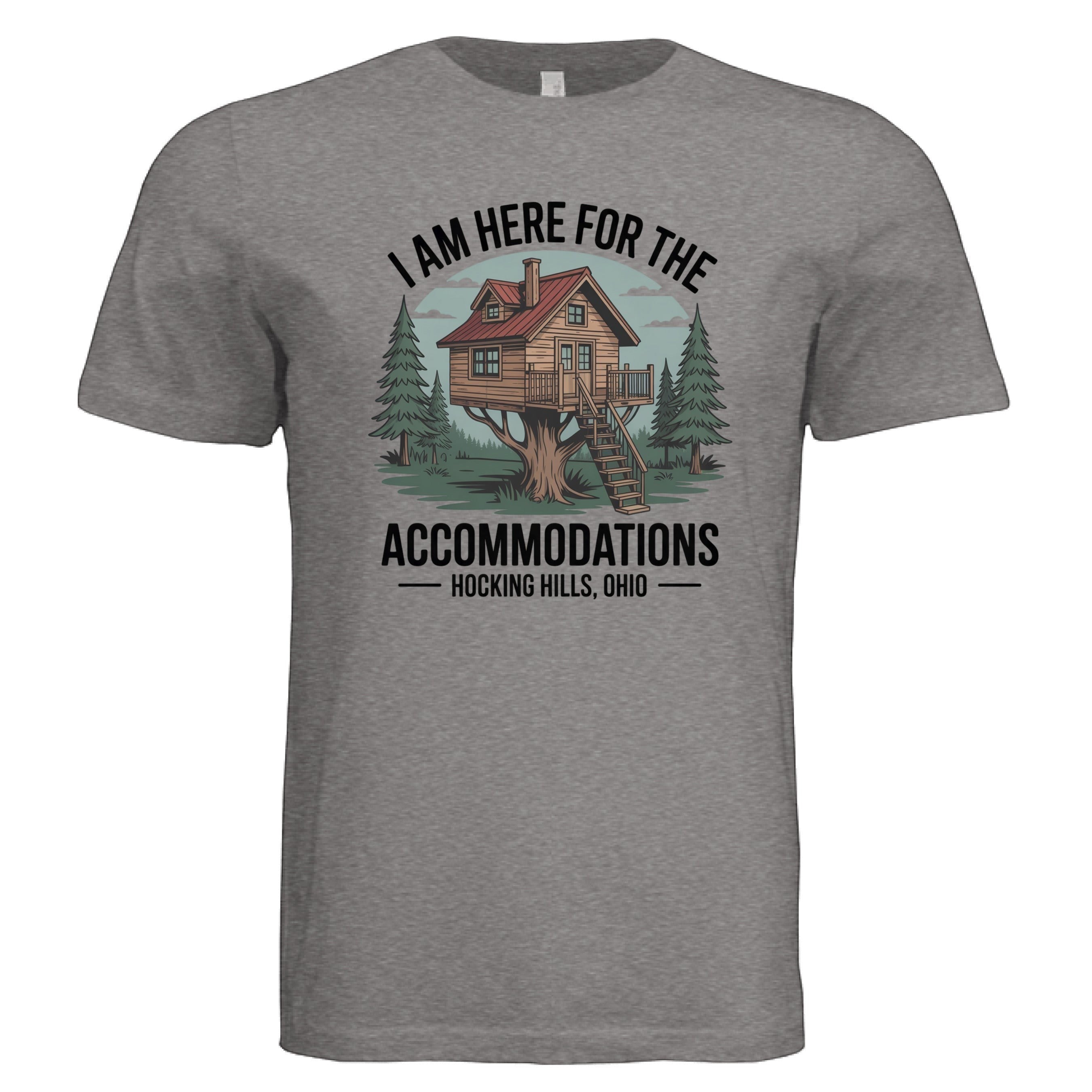 The Hocking Hills Store grey triblend t-shirt with a graphic of a treehouse and text "I Am Here for the Accommodations Hocking Hills, Ohio".