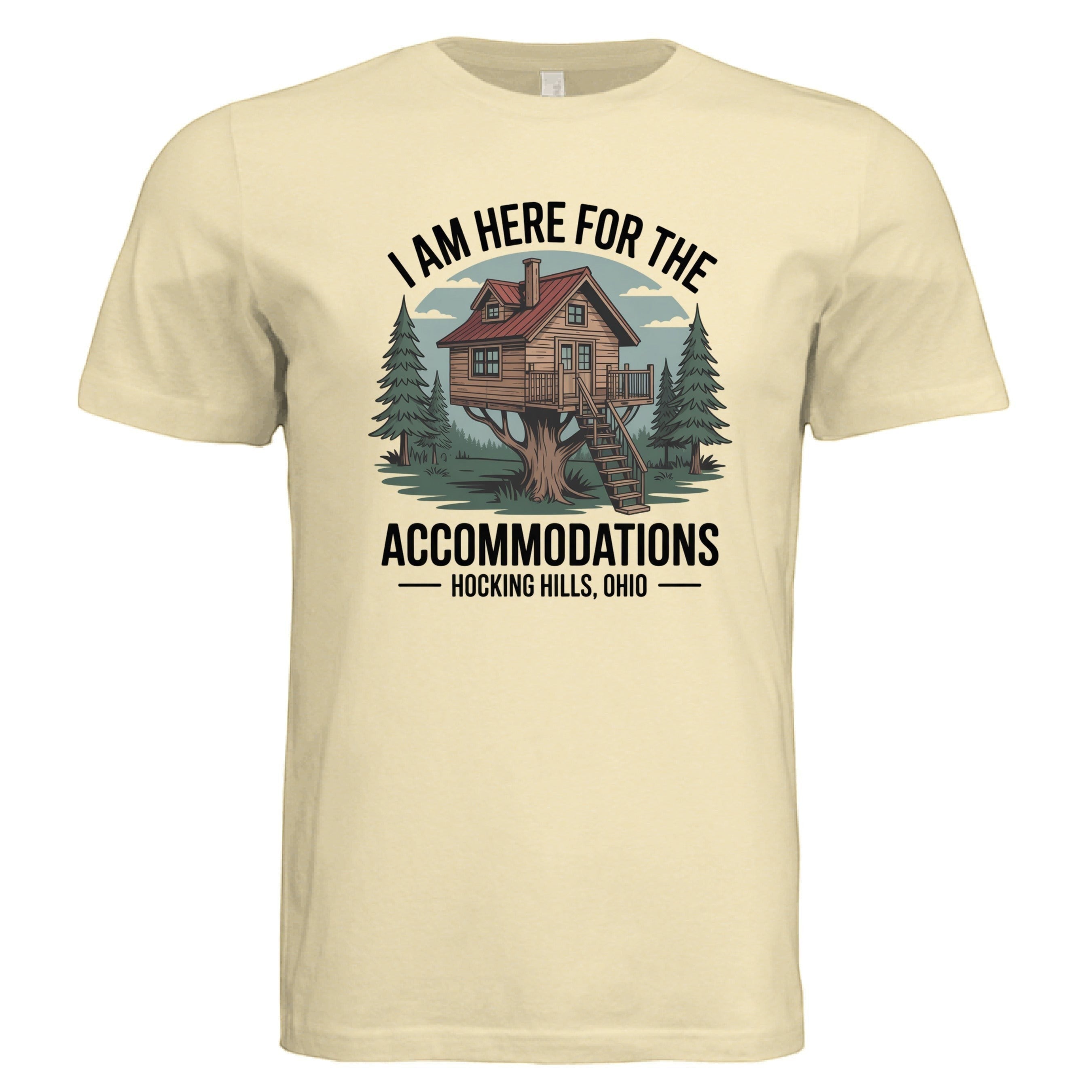 The Hocking Hills Store unisex triblend t-shirt with a graphic of a treehouse and text 'I Am Here for the Accommodations Hocking Hills, Ohio'.