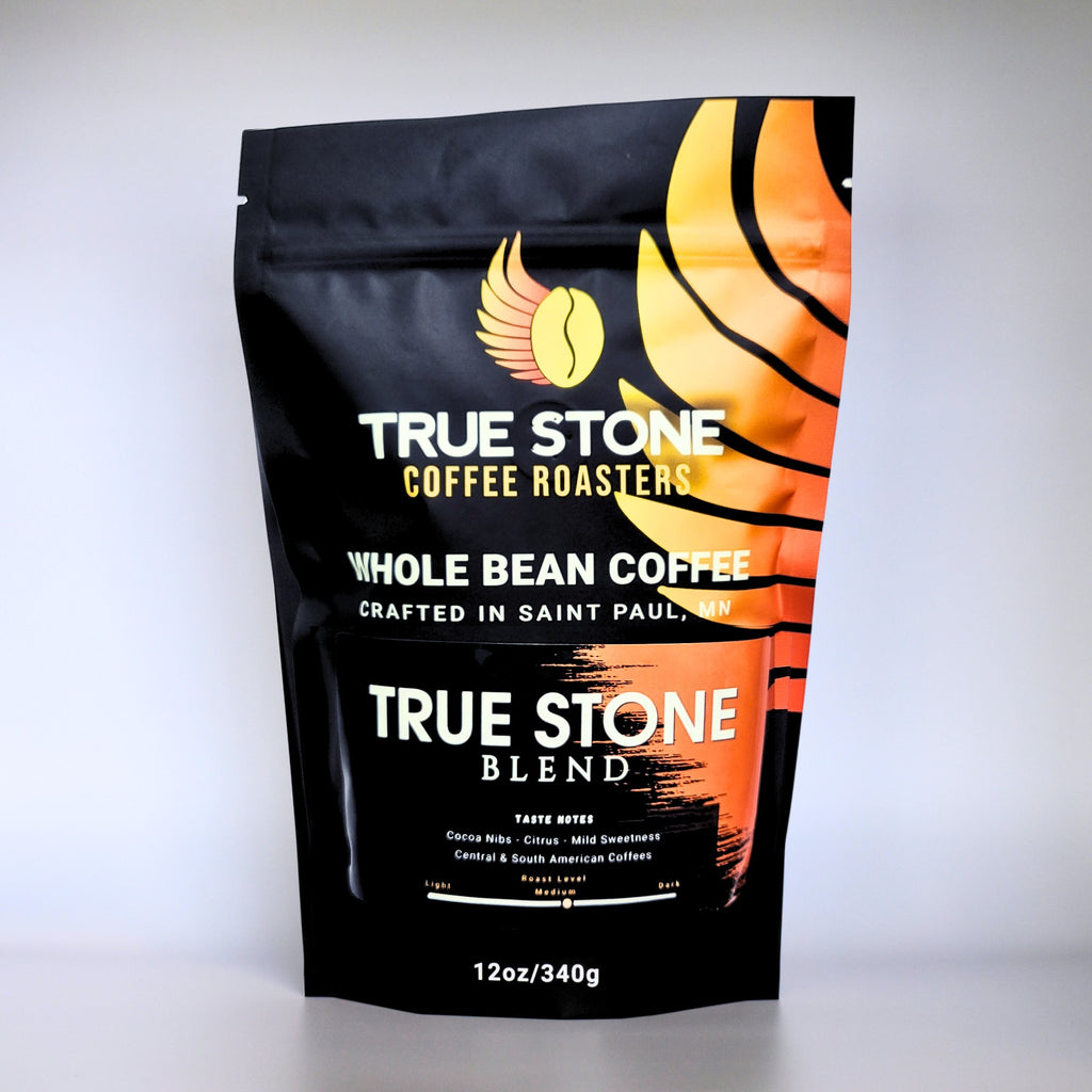The Hocking Hills Store True Stone Blend whole bean coffee bag, medium roast with cocoa nibs, citrus, and mild sweetness notes.