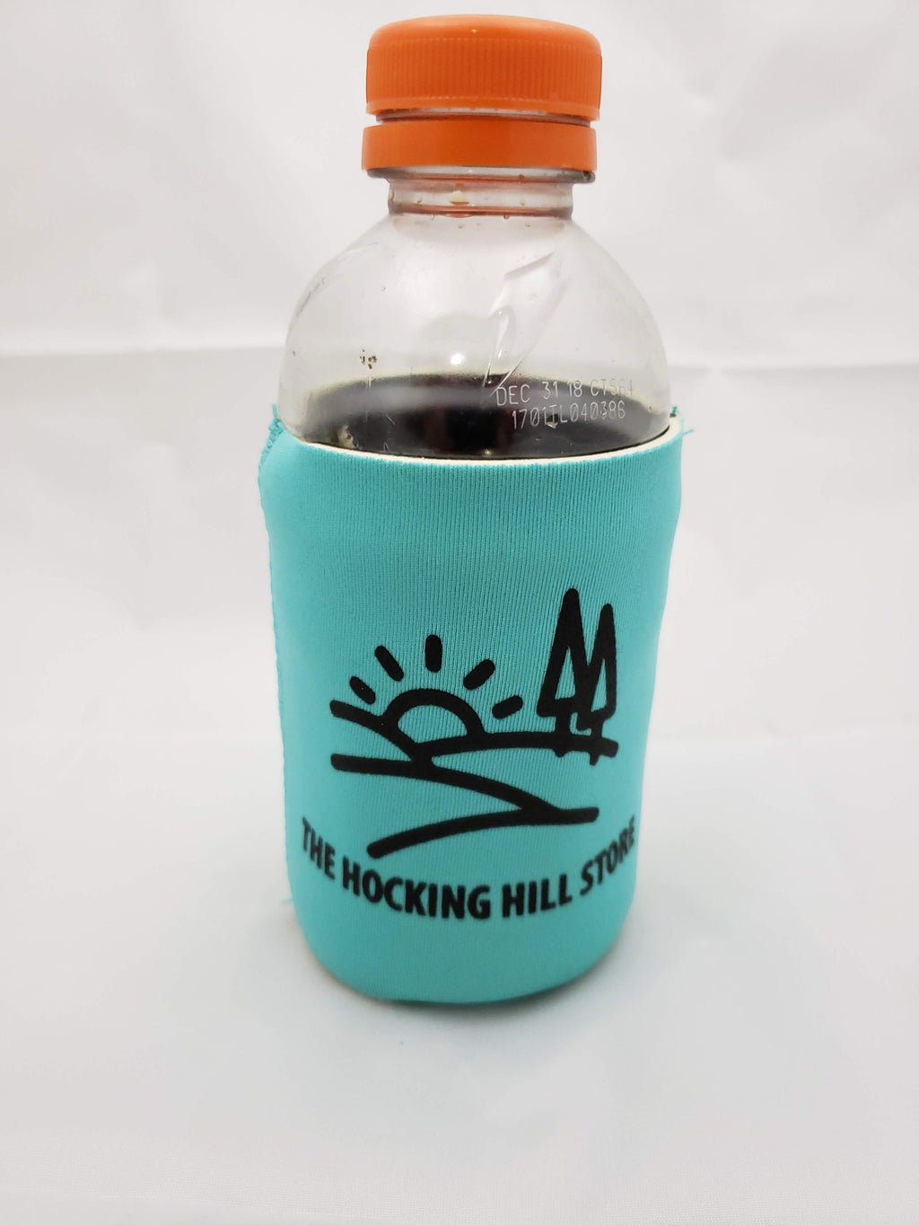 The Hocking Hills Store turquoise can cooler with black logo featuring sun and trees. Fits a standard bottle.