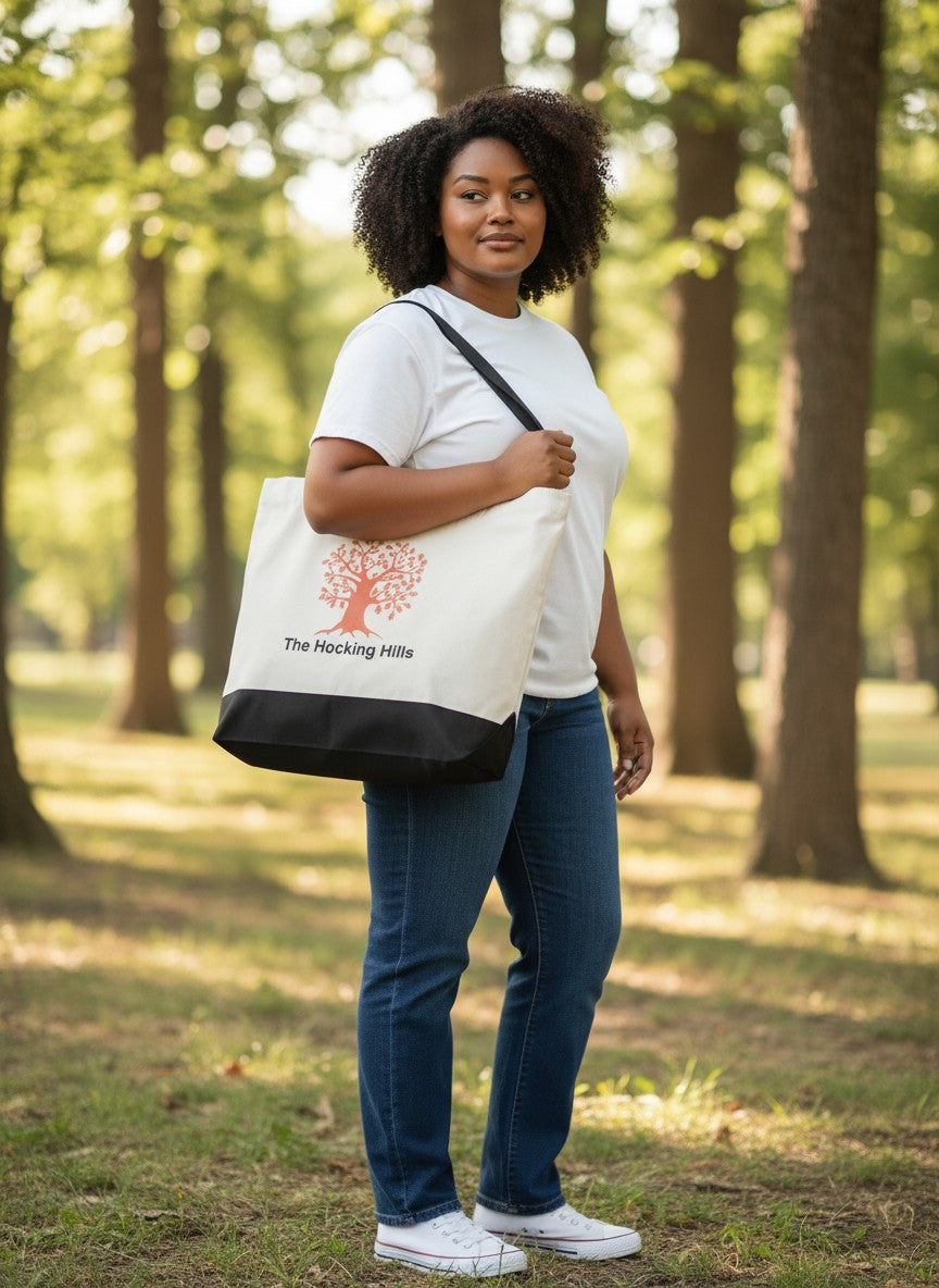 The Hocking Hills Store large two-tone cloth tote bag with black handles and base, featuring an orange oak tree graphic and text.