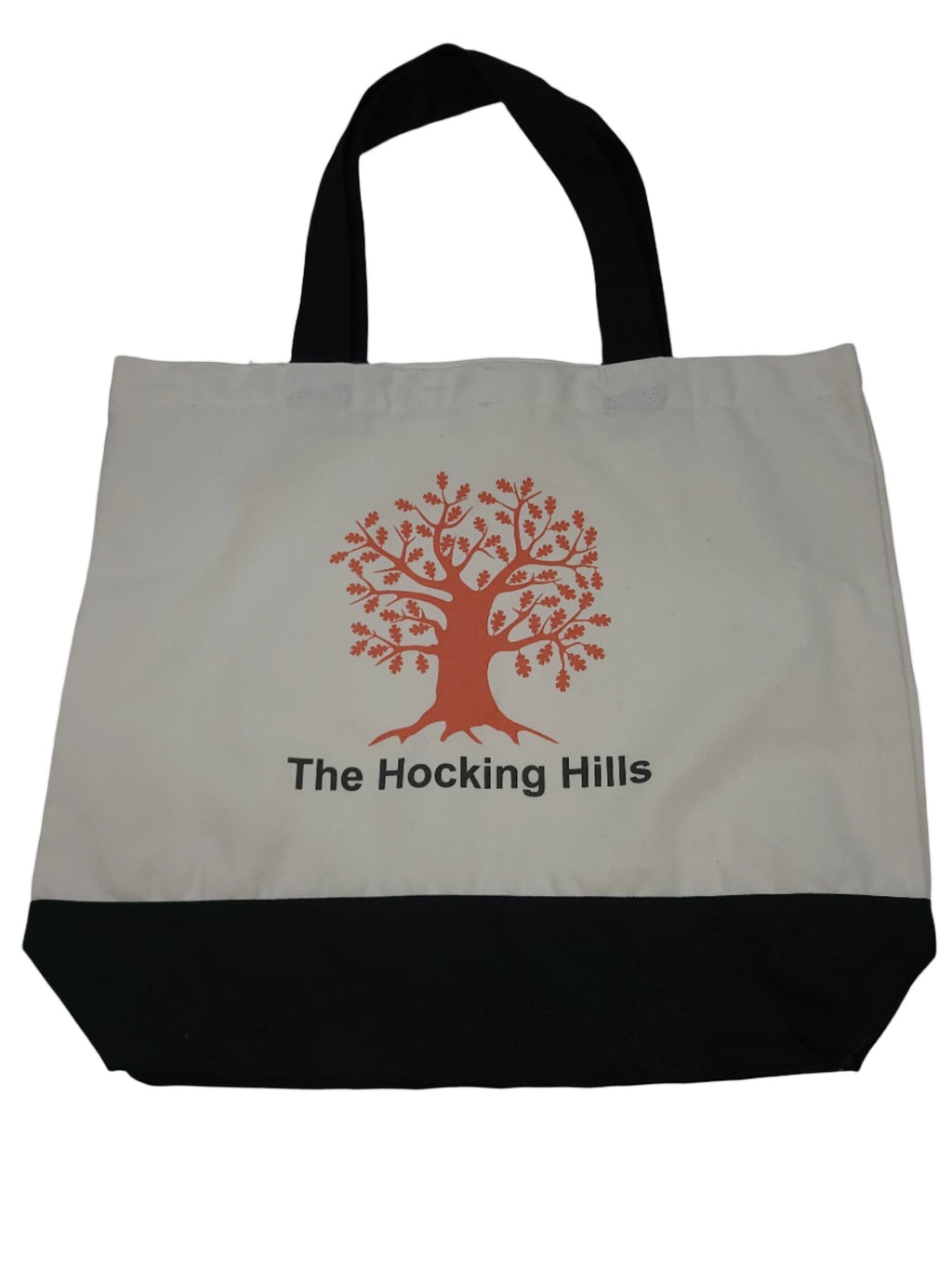 The Hocking Hills Store large two-tone cloth tote bag with black handles and base, featuring an orange oak tree graphic and text.