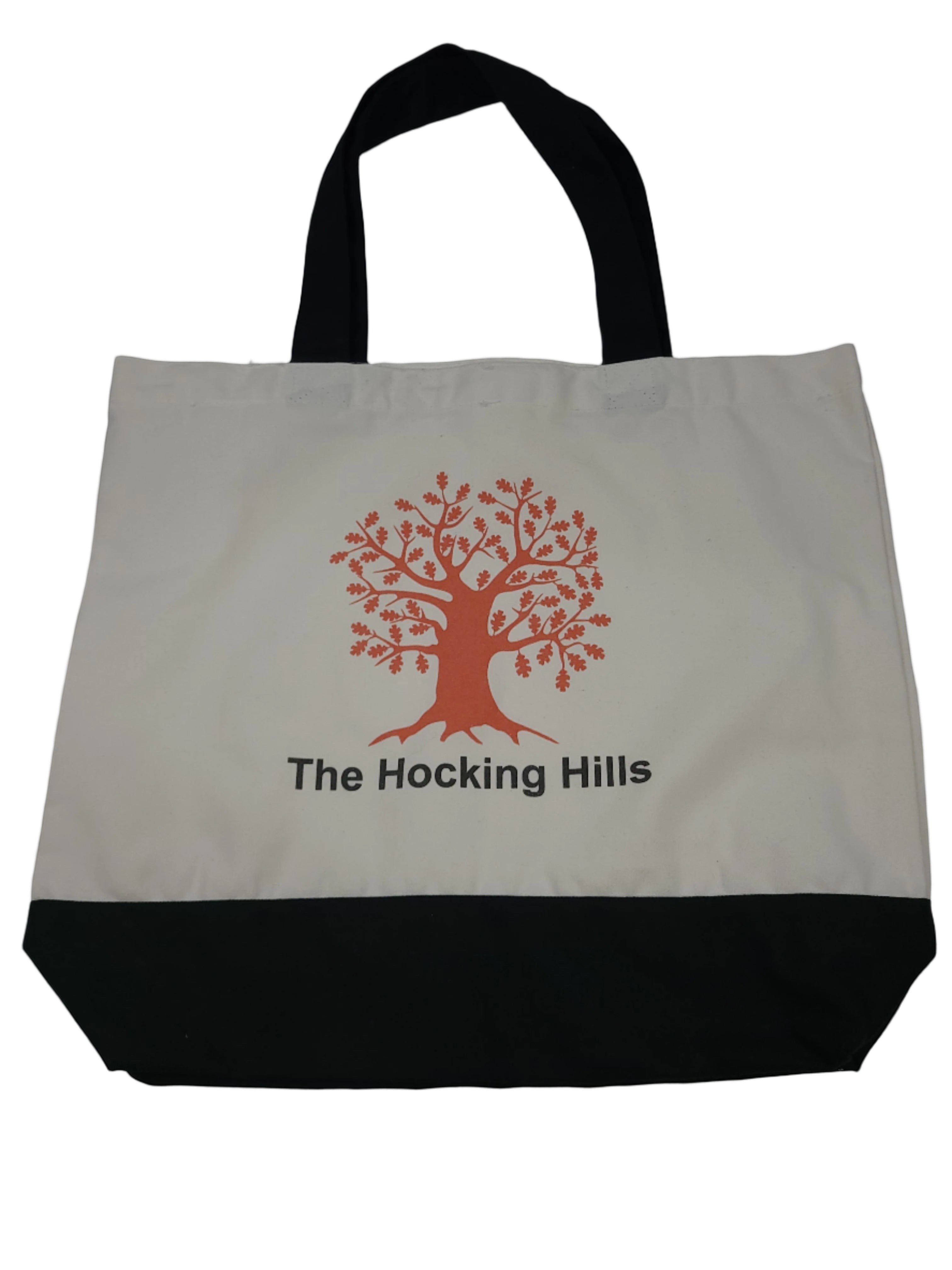 The Hocking Hills Store large two-tone cloth tote bag with black handles and base, featuring an orange oak tree graphic and text.