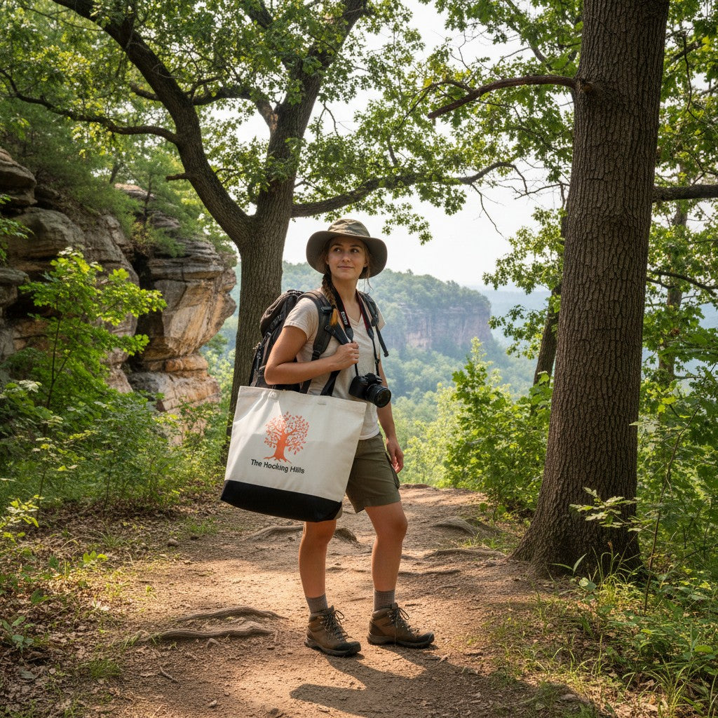 The Hocking Hills Store large two-tone cloth tote bag with black handles and base, featuring an orange oak tree graphic and text.