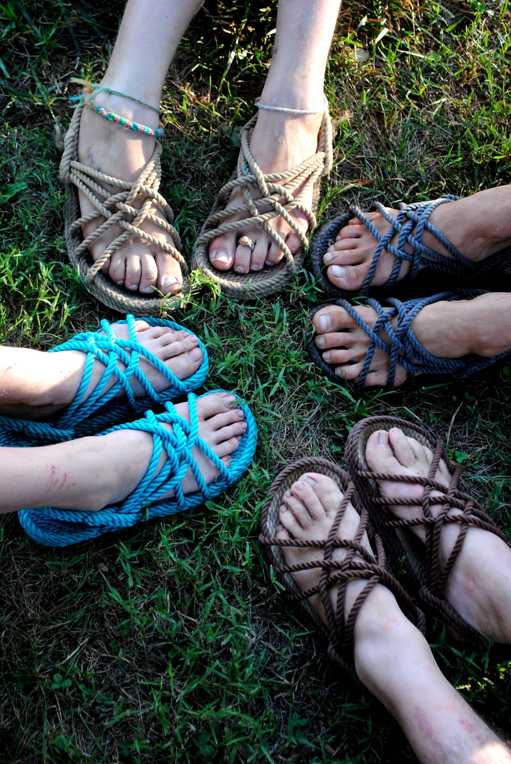 The Hocking Hills Store Utopian Rope Sandals in tan, blue, and brown. Handcrafted polypropylene rope sandals with unique criss-cross lacing.