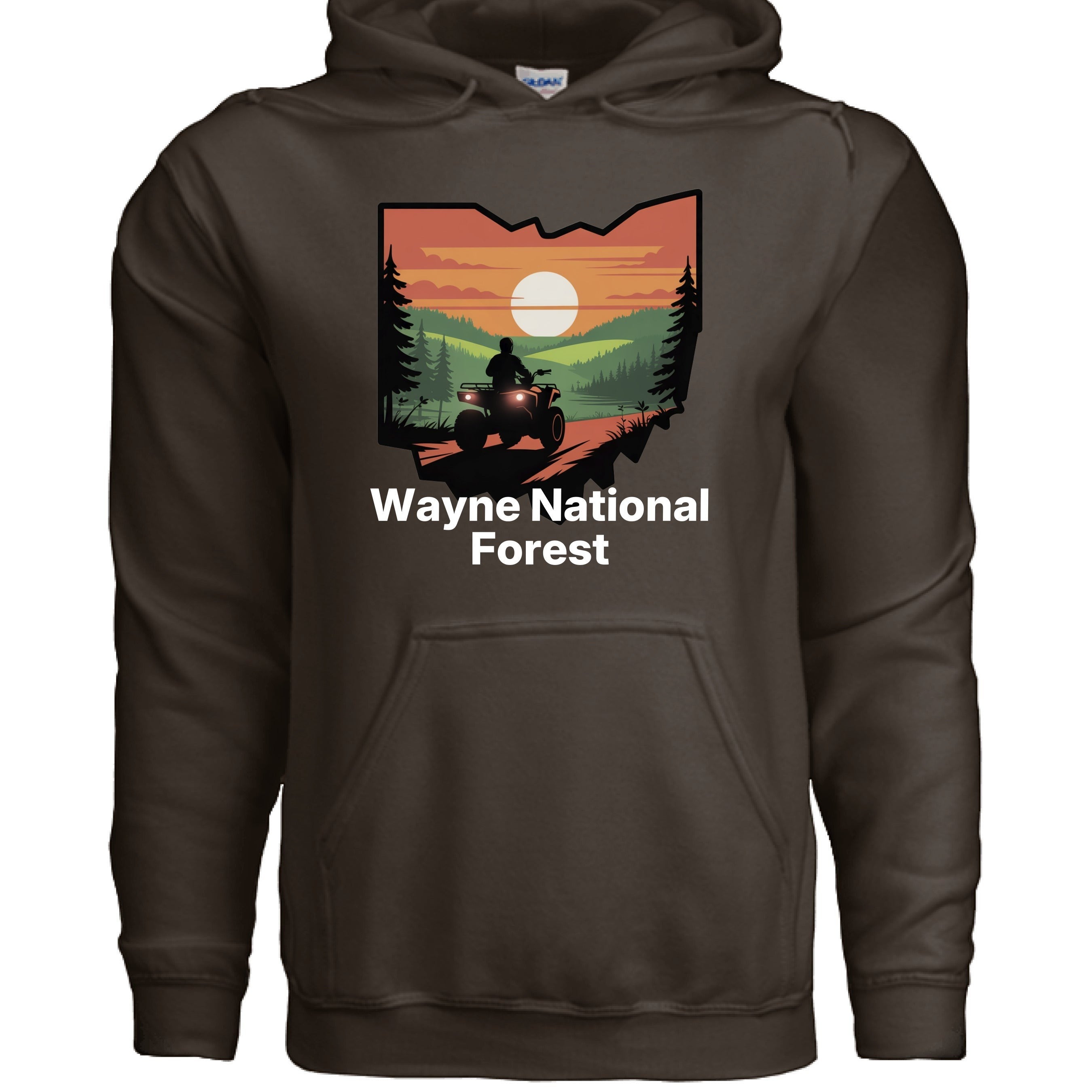 The Hocking Hills Store Wayne National Forest hoodie in dark brown, featuring a graphic of Ohio with an ATV rider at sunset.