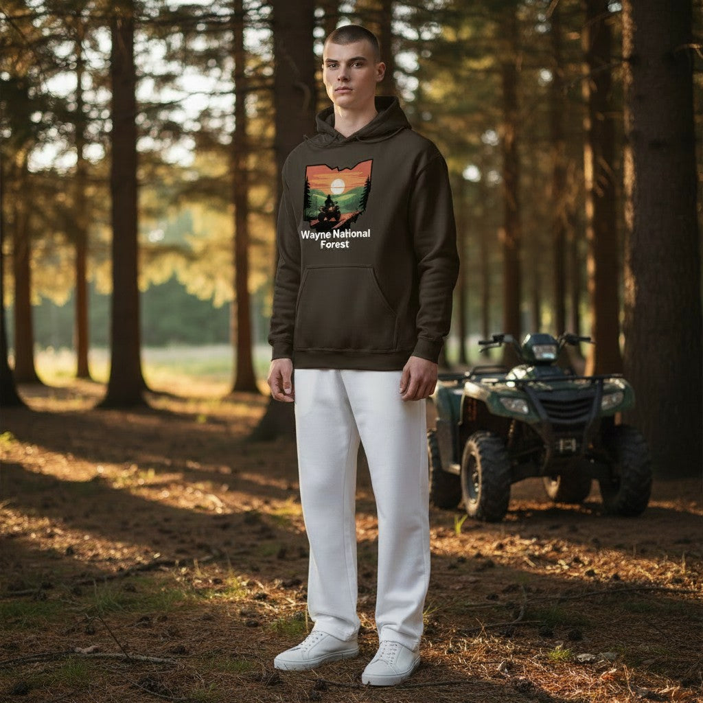 The Hocking Hills Store Wayne National Forest hoodie in dark brown, featuring a graphic of Ohio with a forest sunset scene.