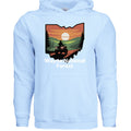 The Hocking Hills Store light blue cotton blend hoodie with a graphic of Ohio featuring a sunset ATV ride through Wayne National Forest.
