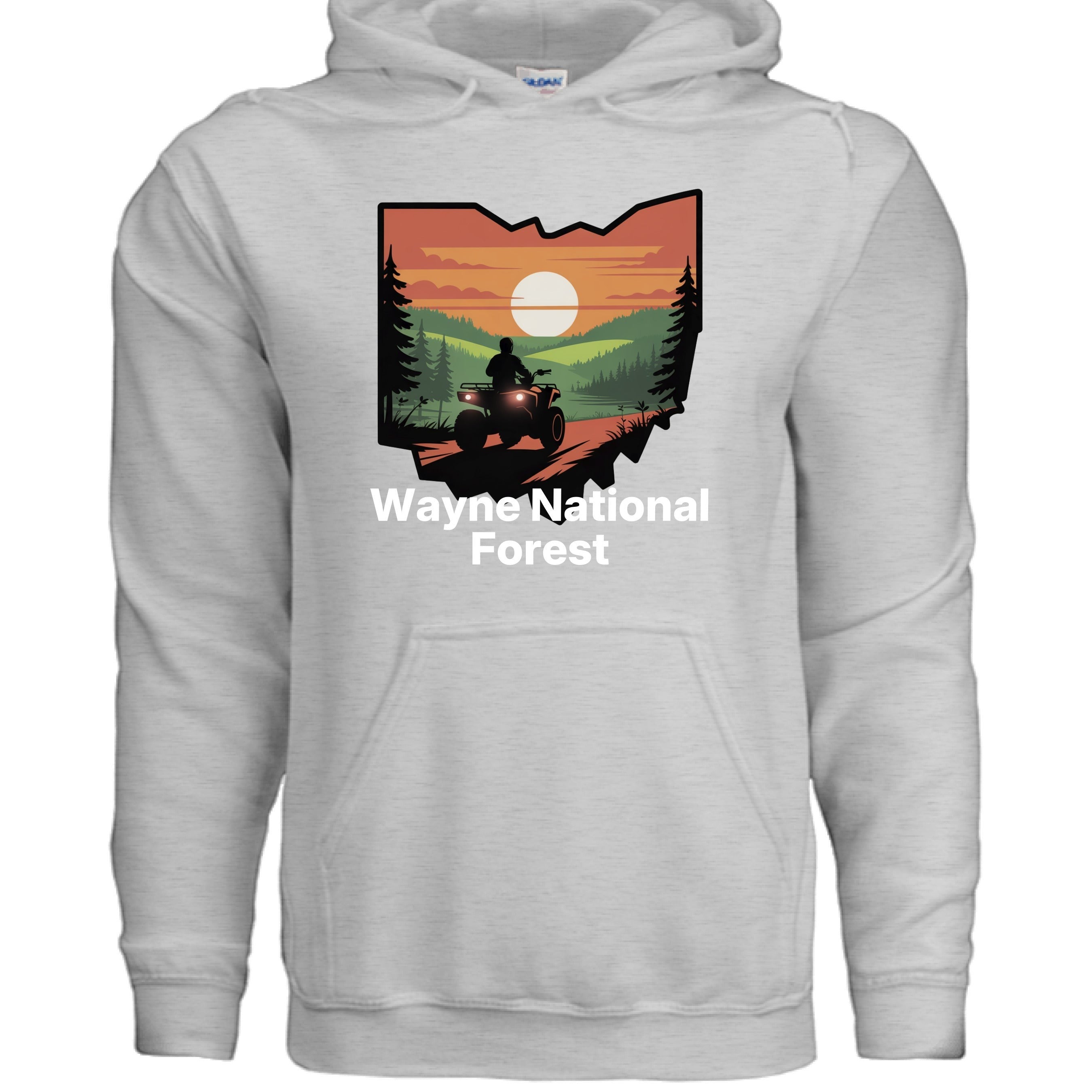 The Hocking Hills Store light grey cotton-polyester blend hoodie with a graphic of Ohio featuring a sunset ATV scene and 'Wayne National Forest' text.