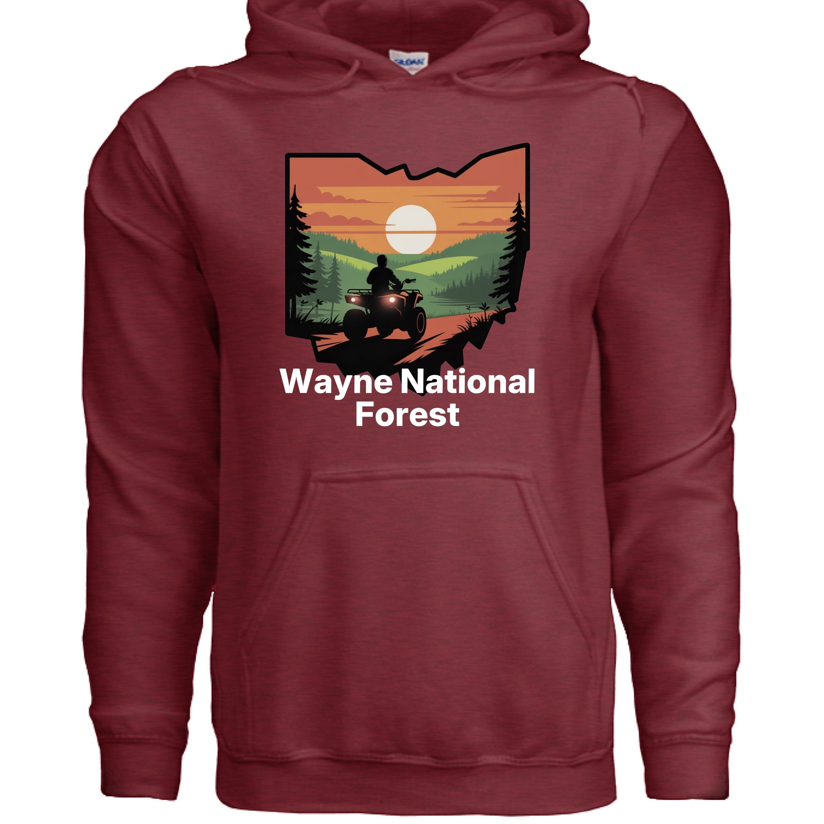 The Hocking Hills Store Wayne National Forest hoodie in maroon, featuring a graphic of Ohio with a sunset ATV scene.