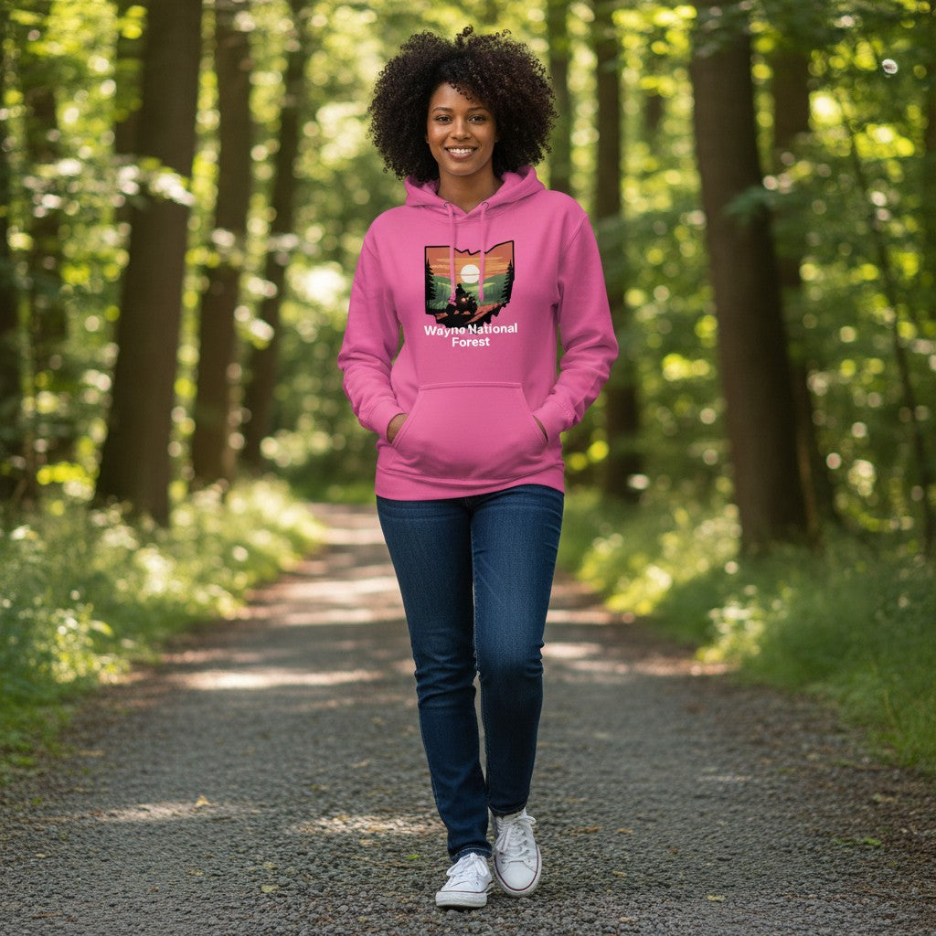 The Hocking Hills Store Wayne National Forest hoodie in pink, featuring a graphic of Ohio with a sunset ATV scene.