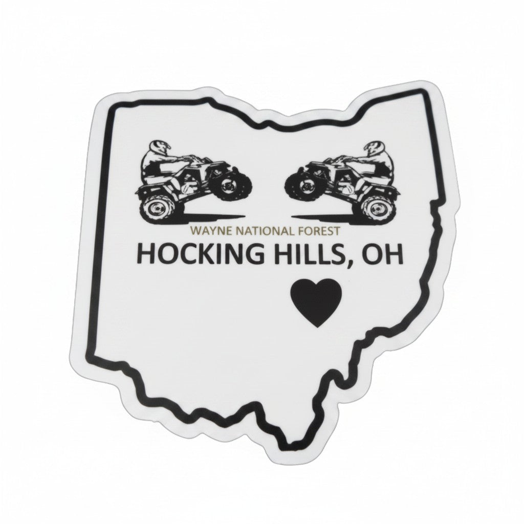 The Hocking Hills Store Wayne National Forest Bumper Sticker, shaped like Ohio with two ATVs and a heart.