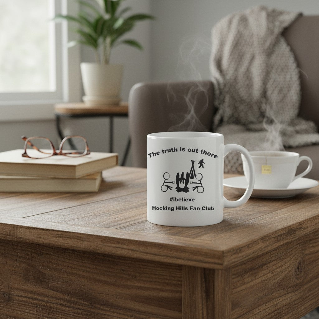 The Hocking Hills Store white ceramic mug with black text and graphics, featuring a campfire, tent, Bigfoot, and the phrase "The truth is out there #ibelieve Hocking Hills Fan Club."