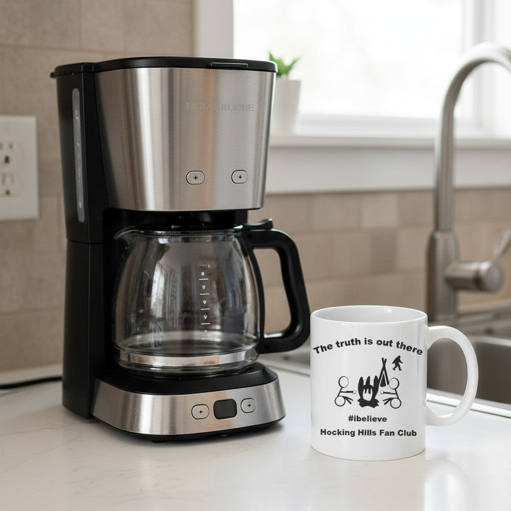 The Hocking Hills Store white ceramic mug with black text and graphics featuring a campfire, tent, Bigfoot, and #ibelieve.
