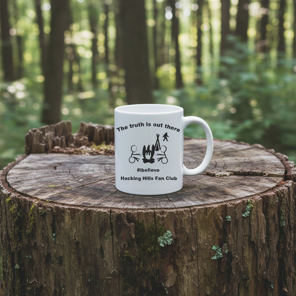 The Hocking Hills Store white ceramic mug with black text and graphics including a campfire, tent, Bigfoot, and '#ibelieve Hocking Hills Fan Club'.