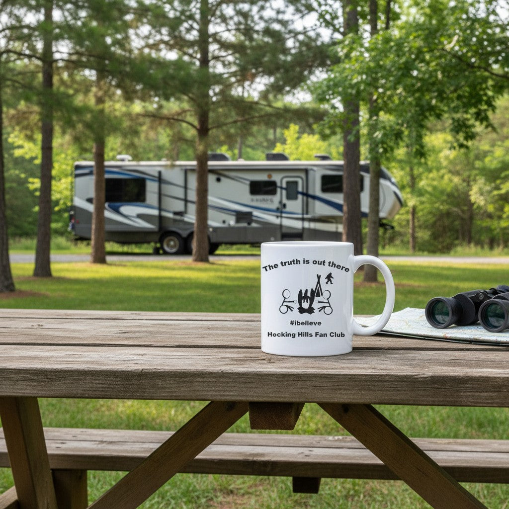 The Hocking Hills Store white ceramic mug with black text and graphics featuring a campfire, tent, Bigfoot, and the phrase "The truth is out there #ibelieve Hocking Hills Fan Club."