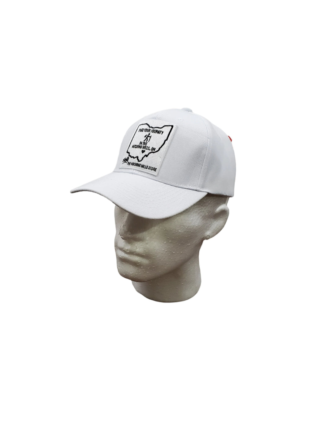 The Hocking Hills Store white baseball cap with a patch featuring Ohio and hiking imagery.