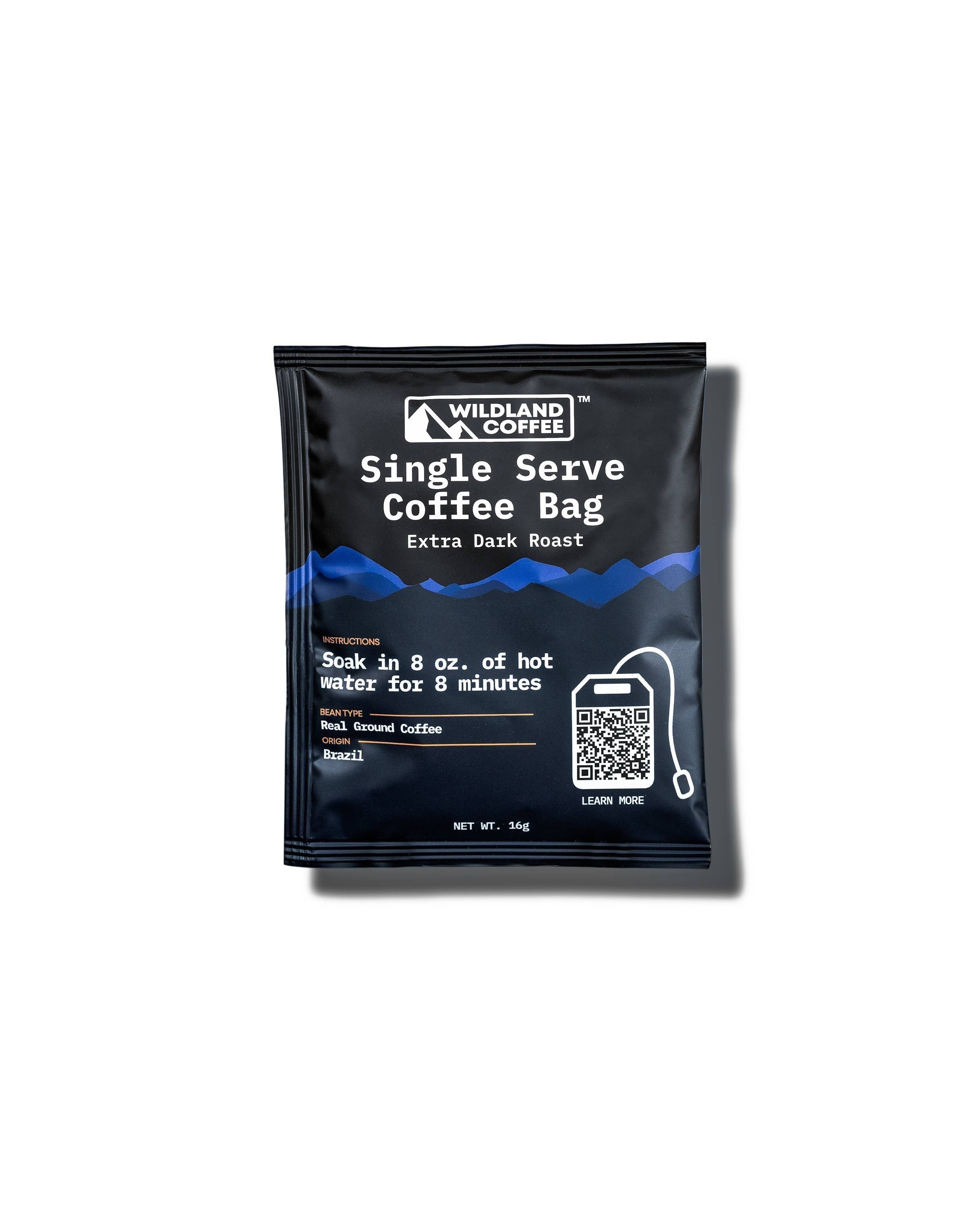 The Hocking Hills Store Wildland Coffee single-serve extra dark roast coffee bag with instructions and QR code.