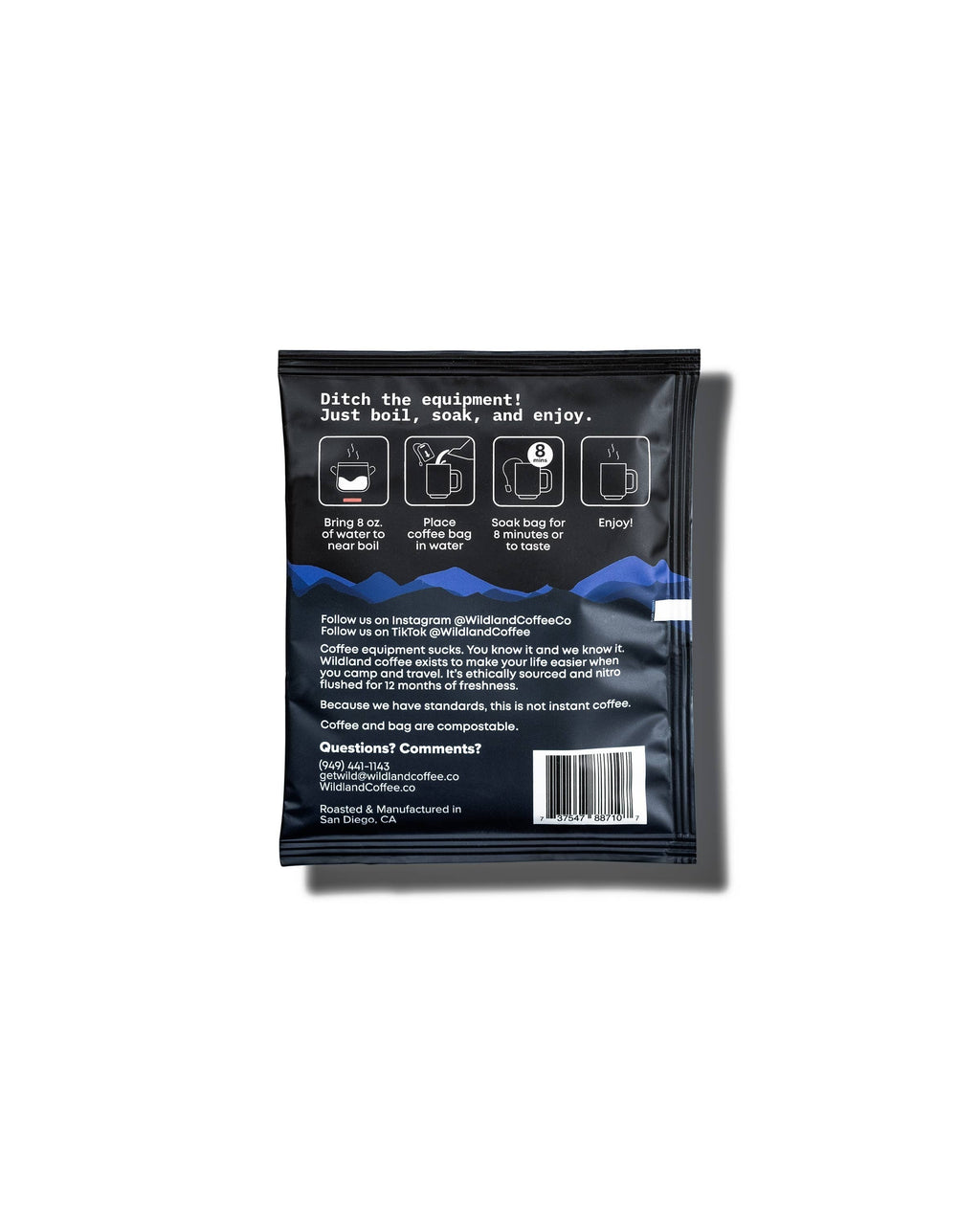 The Hocking Hills Store Wildland Coffee extra dark roast steepable coffee bag with instructions.