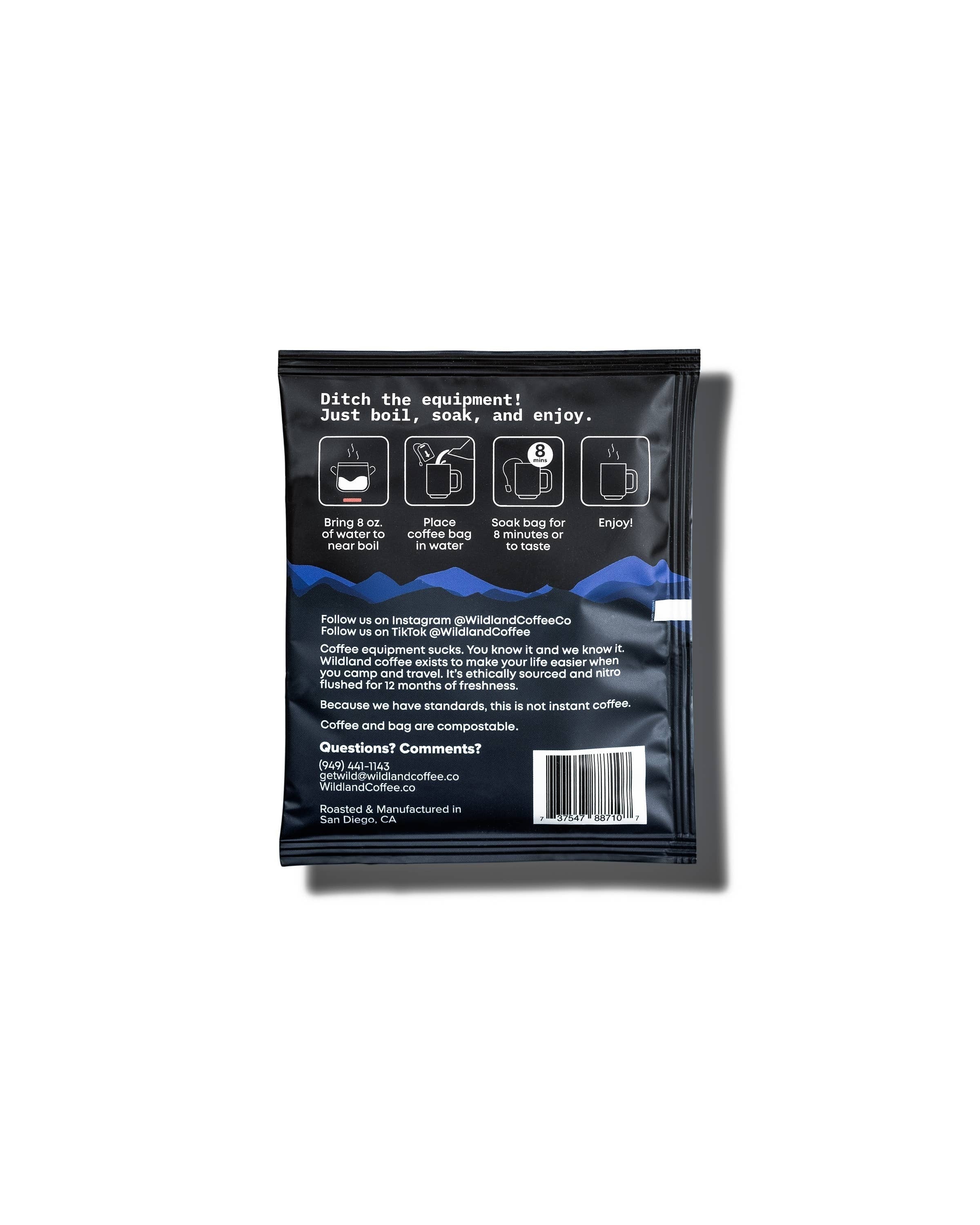 The Hocking Hills Store Wildland Coffee extra dark roast steepable coffee bag with instructions.