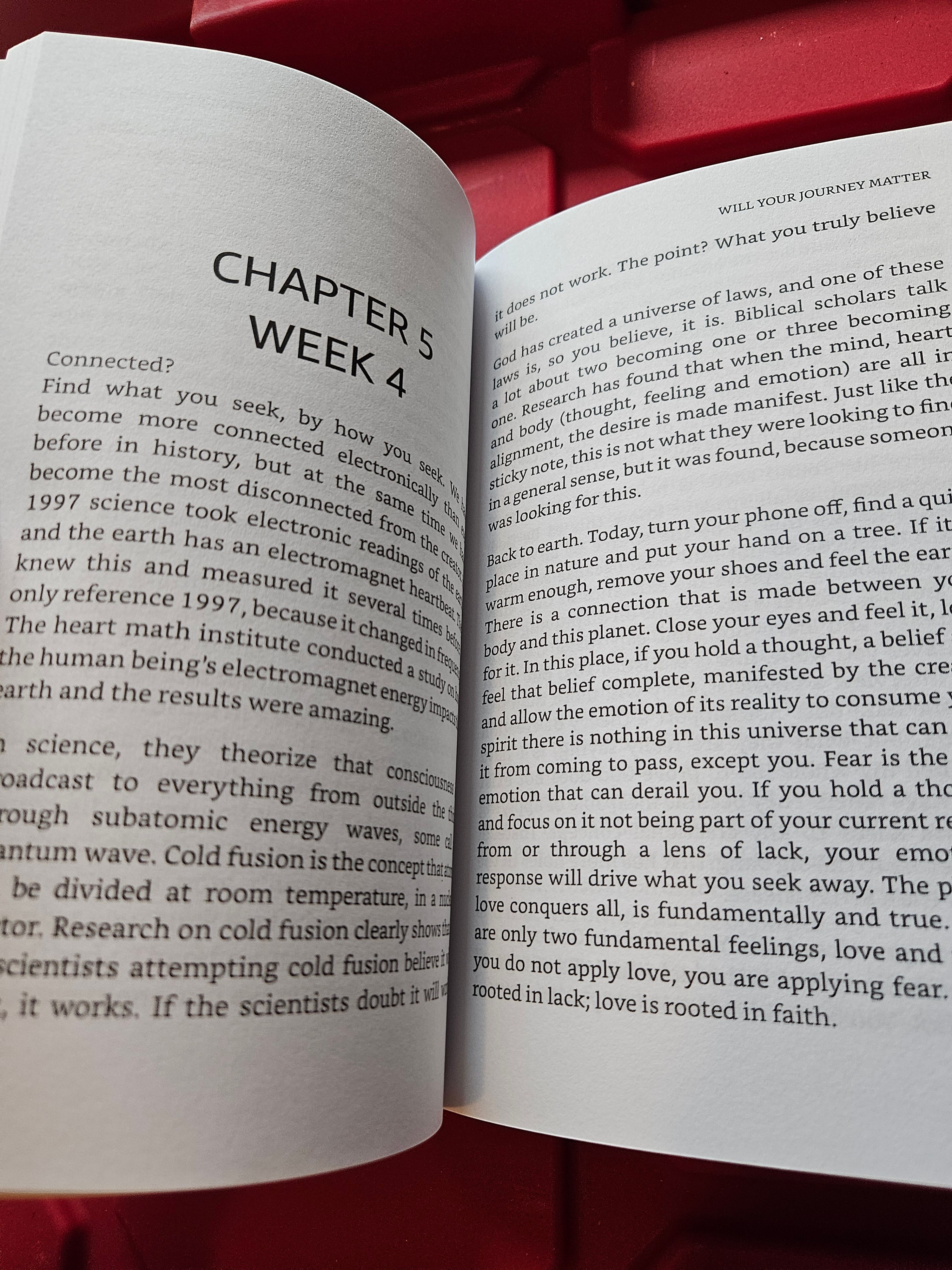 The Hocking Hills Store's 'Will Your Journey Matter: A Guide to Discovery' paperback book, open to Chapter 5, Week 4.