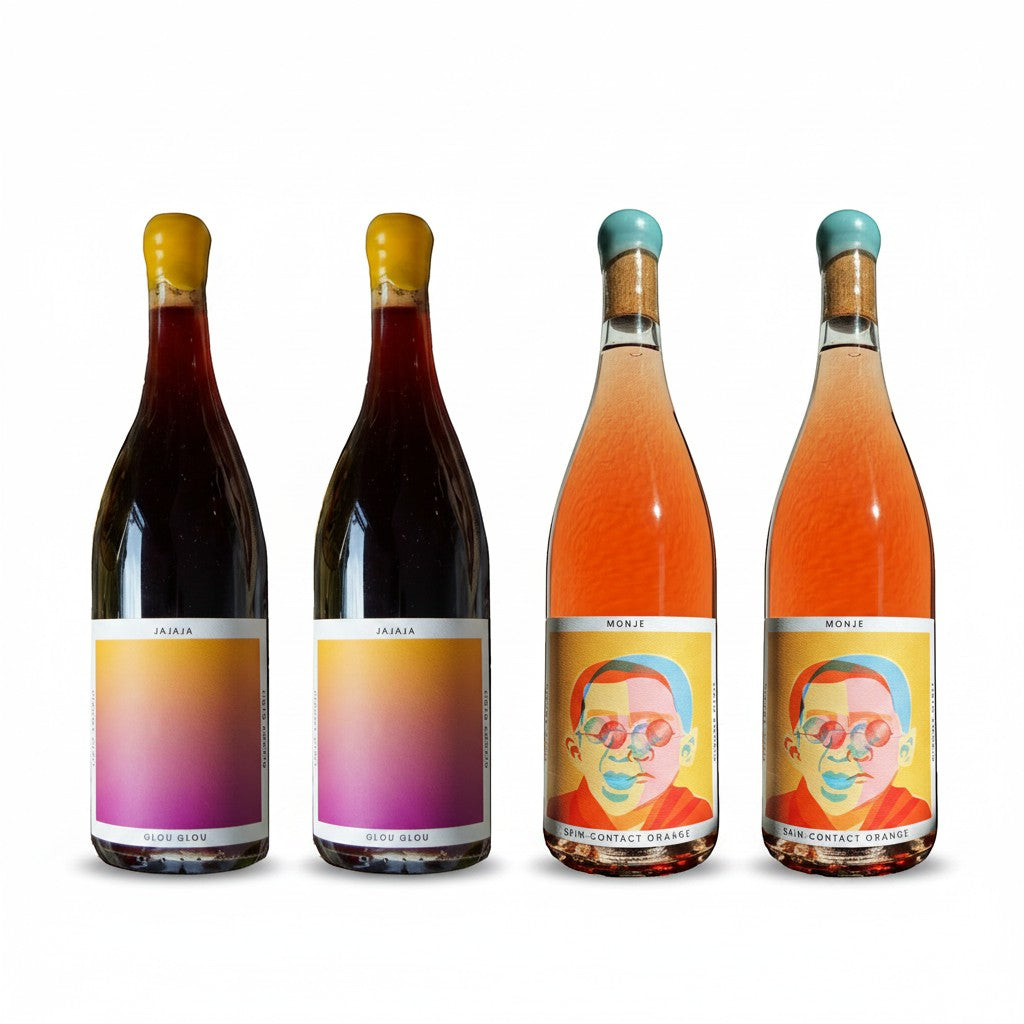 The Hocking Hills Store bundle of two red wines and two orange wines with artistic labels.
