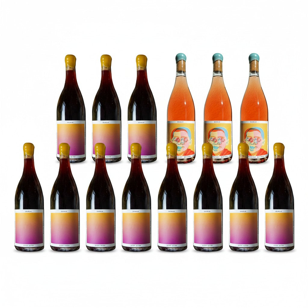 The Hocking Hills Store bundle of Jajaja red wine and Monje orange wine bottles with colourful labels.