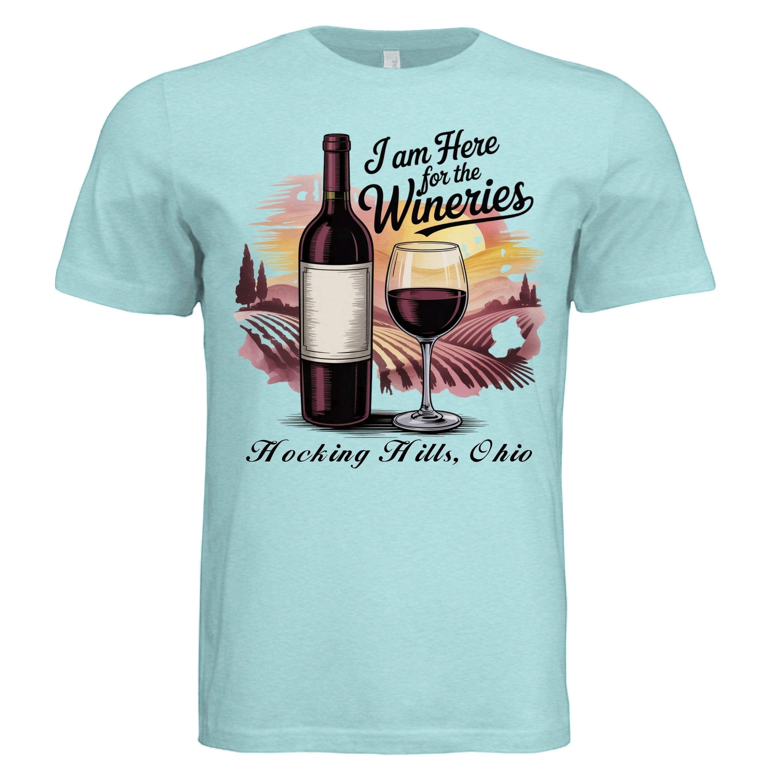 The Hocking Hills Store unisex triblend t-shirt with a graphic of a wine bottle and glass, vineyard, and sunset. Text reads 'I Am Here for the Wineries Hocking Hills, Ohio'.