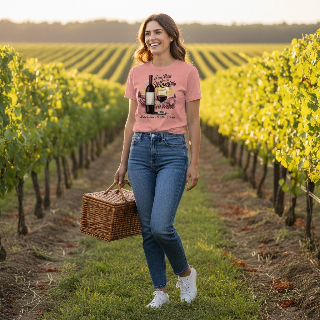The Hocking Hills Store unisex triblend t-shirt in heathered coral features a graphic of a wine bottle and glass with vineyards and the text 'I Am Here for the Wineries Hocking Hills, Ohio'.