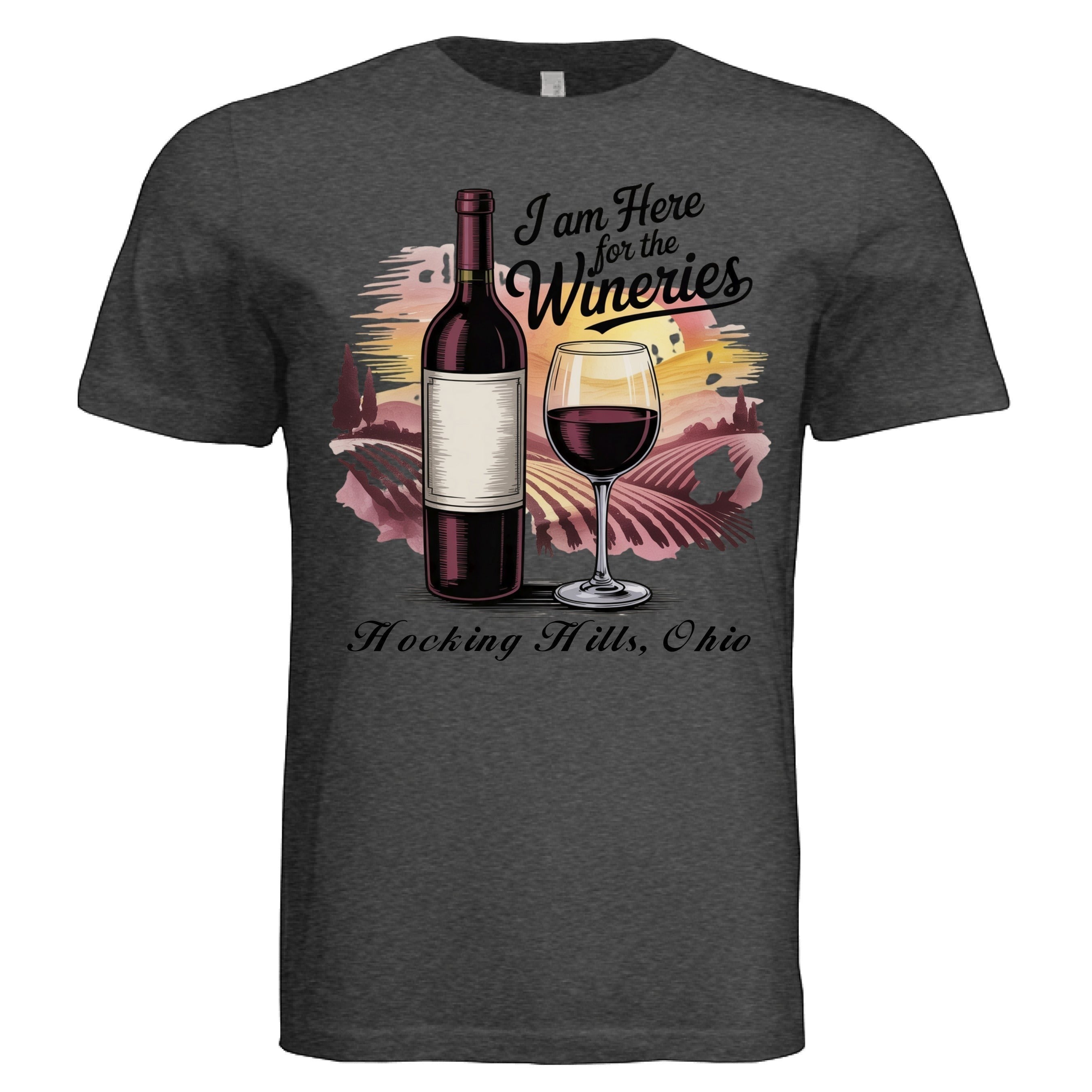 The Hocking Hills Store unisex triblend t-shirt with a graphic of a wine bottle, glass, and vineyard scene. Text reads 'I Am Here for the Wineries Hocking Hills, Ohio'.