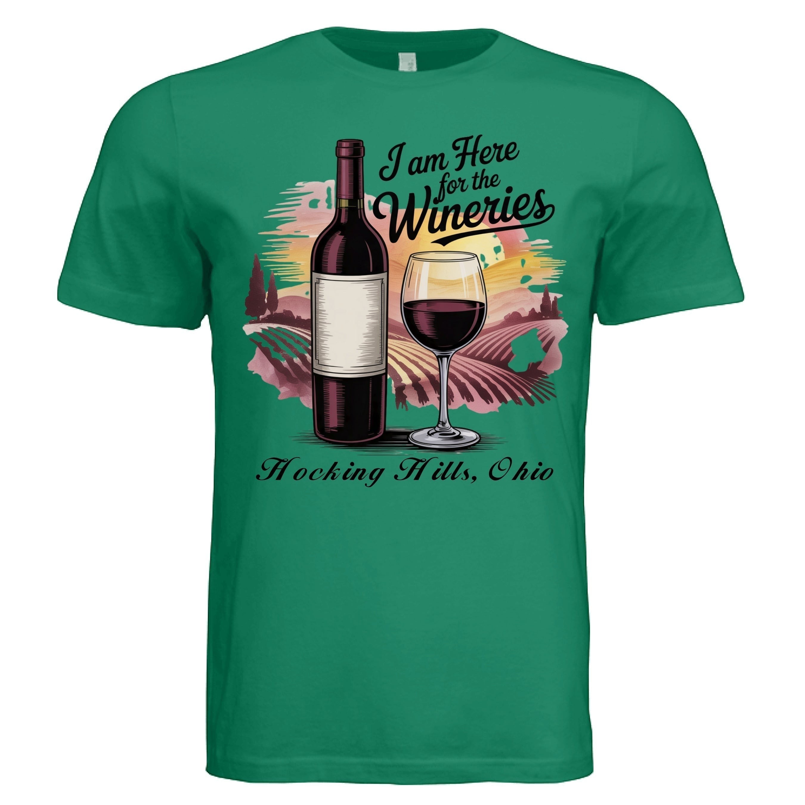 The Hocking Hills Store green unisex triblend t-shirt with a graphic of a wine bottle, wine glass, and vineyard scene. Text reads 'I Am Here for the Wineries Hocking Hills, Ohio'.