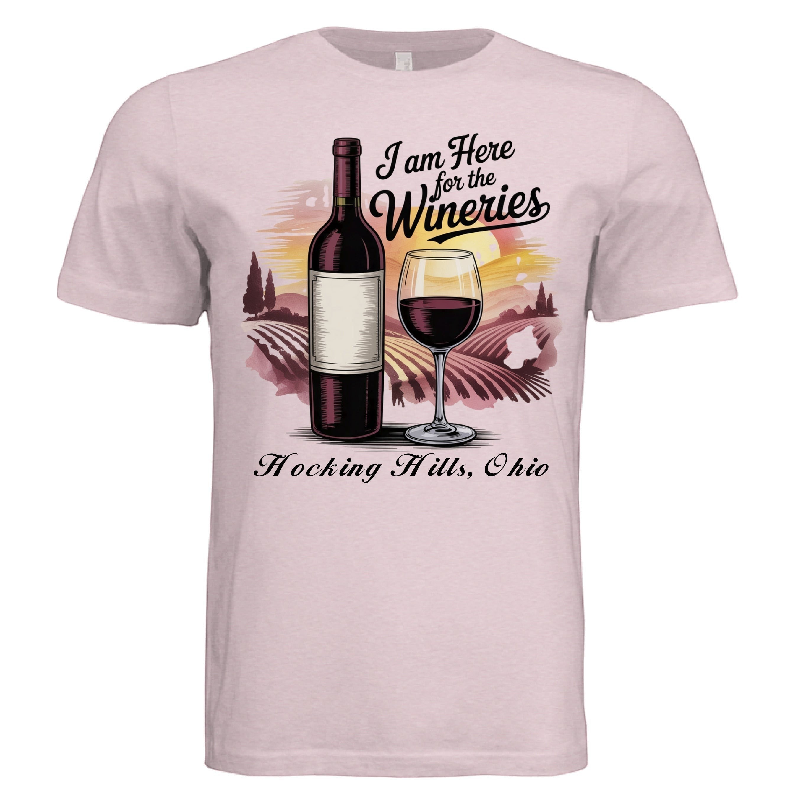 The Hocking Hills Store unisex triblend t-shirt with a graphic of a wine bottle, glass, and vineyard at sunset. Text reads 'I Am Here for the Wineries Hocking Hills, Ohio'.