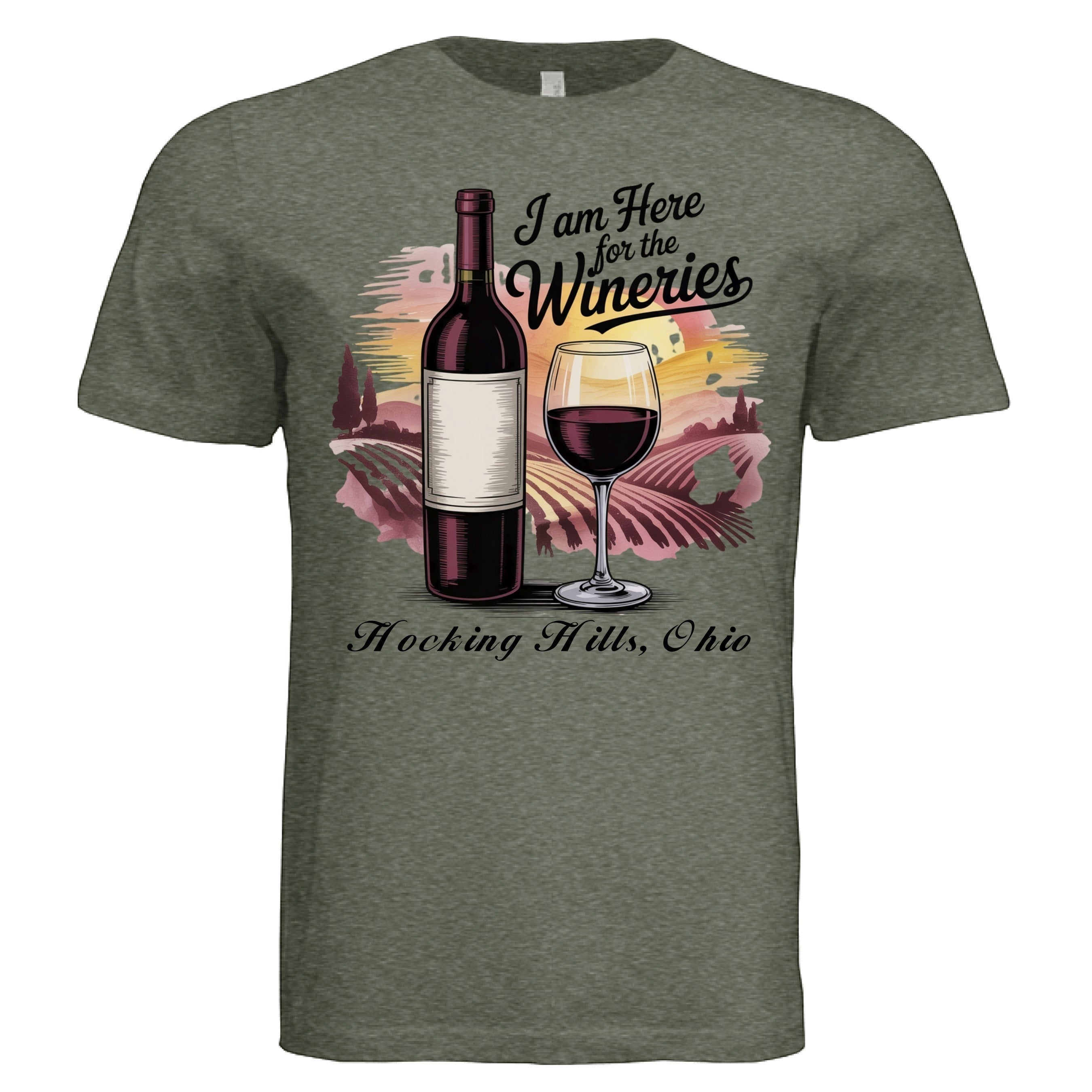 The Hocking Hills Store unisex triblend t-shirt with a wine bottle, glass, and vineyard graphic. Features text "I Am Here for the Wineries Hocking Hills, Ohio".