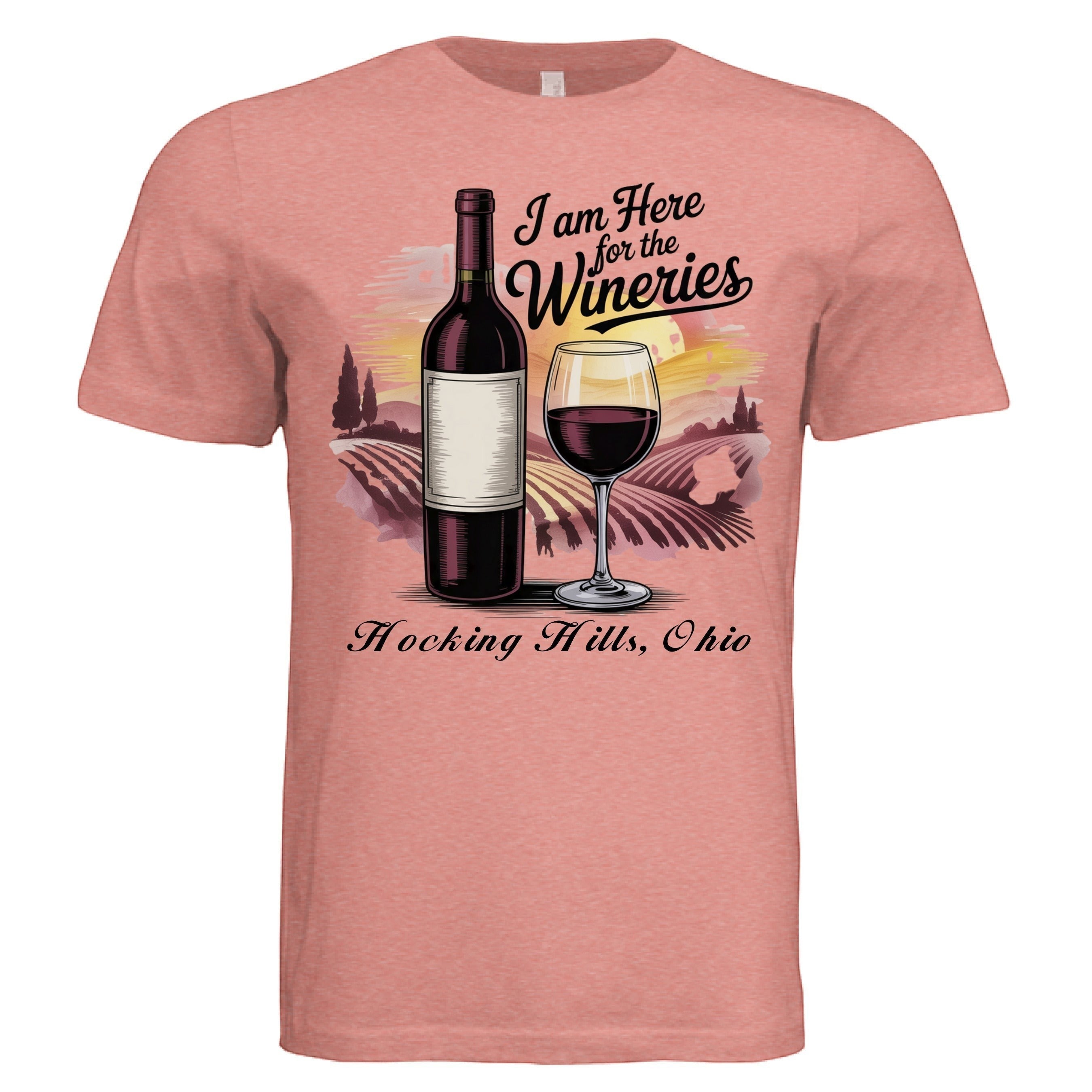 The Hocking Hills Store unisex triblend t-shirt with a graphic of a wine bottle, glass, and vineyard scene. Text reads 'I Am Here for the Wineries Hocking Hills Ohio'.