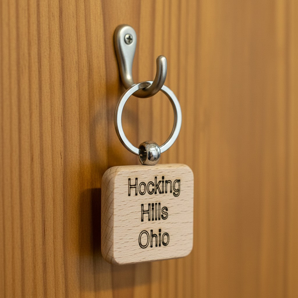 The Hocking Hills Store wood engraved keychain with "Hocking Hills Ohio" text.