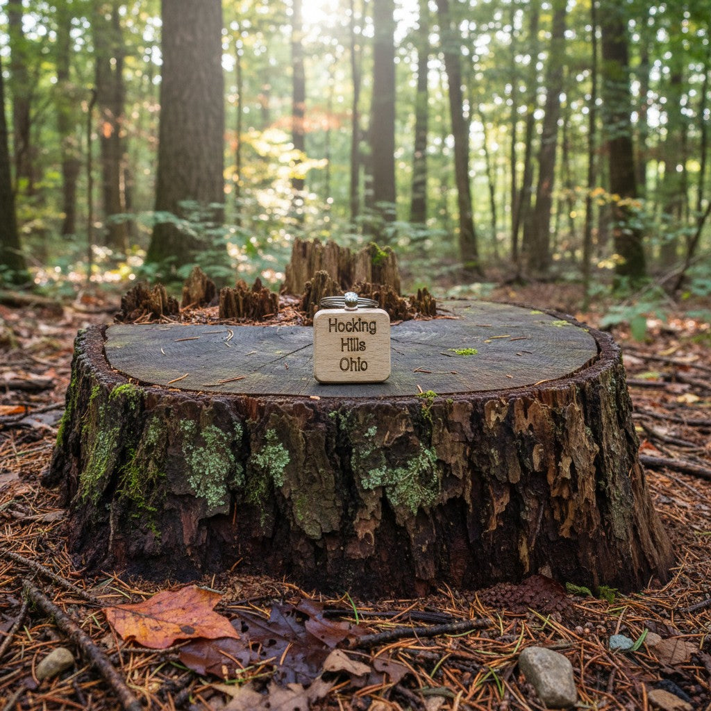 The Hocking Hills Store wood engraved keychain with "Hocking Hills Ohio" text.