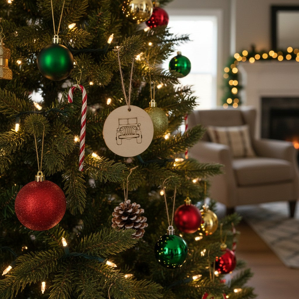 The Hocking Hills Store wood engraved collectable Christmas ornament featuring a jeep outline, with twine hanger.