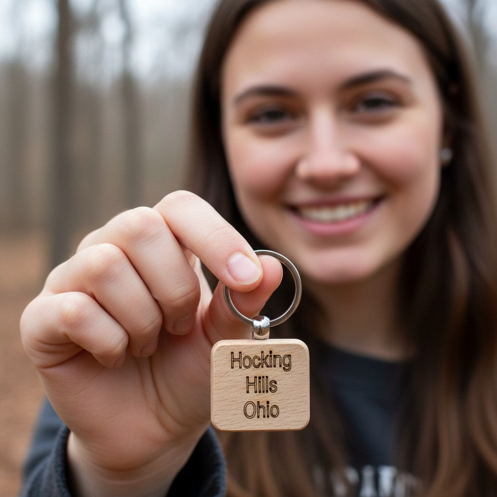 The Hocking Hills Store wood engraved keychain featuring "Hocking Hills Ohio" text. Natural wood square.