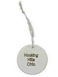 The Hocking Hills Store wood engraved round Christmas ornament with twine hanger, featuring "Hocking Hills Ohio" text.