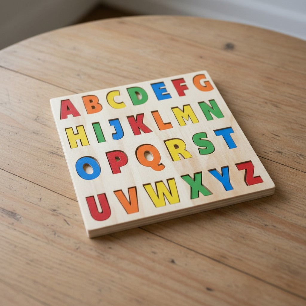 The Hocking Hills Store handmade wooden alphabet puzzle with colorful letters on a natural wood board, perfect for early learning.