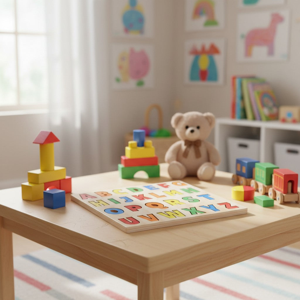 The Hocking Hills Store handmade wooden alphabet puzzle with colourful letters on a natural wood board, perfect for early learning.